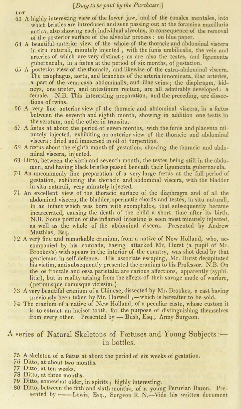 LOT G3 A highly interesting view of the lower jaw, and of the canales mentales, into which bristles are introduced and seen passing out at the foramina maxillaria antica, also showing each individual alveolus, in consequence of the removal of the posterior surface of the alveolar process : on blue paper. G4 A beautiful anterior view of the whole of the thoracic and abdominal viscera in situ naturali, minutely injected ; with the funis umbilicalis, the vein and arteries of which are very distinct ; as are also the testes, and ligamenta gubernacula, in a foetus at the period of six months, of gestation. 65 A posterior view of the thoracic, and likewise of the extra-abdominal viscera. The oesophagus, aorta, and branches of the arteria innominata, iliac arteries, a part of the vena cava abdominalis, and iliac veins ; the diaphragm, kid- neys, one ureter, and intestinum rectum, are all admirably developed: a female. N.B. This interesting preparation, and the preceding, are dissec- tions of twins. G6 A very fine anterior view of the thoracic and abdominal viscera, in a foetus between the seventh and eighth month, showing in addition one testis in the scrotum, and the other in transitu. 67 A foetus at about the period of seven months, with the funis and placenta mi- nutely injected, exhibiting an anterior view of the thoracic and abdominal viscera : dried and immersed in oil of turpentine. G8 A foetus about the eighth month of gestation, showing the thoracic and abdo- minal viscera, injected. 69 Ditto, between the sixth and seventh month, the testes being still in the abdo- men, and having black bristles passed beneath their ligamenta gubernacula. 70 An uncommonly fine preparation of a very large foetus at the full period of gestation, exhibiting the thoracic and abdominal viscera, with the bladder in situ naturali, very minutely injected. 71 An excellent view of the thoracic surface of the diaphragm and of all the abdominal viscera, the bladder, spermatic chords and testes, in situ naturali, in an infant which was born with exomphalos, that subsequently became incarcerated, causing the death of the child a short time after its birth. N.B. Some portion of the inflamed intestine is seen most minutely injected, as well as the whole of the abdominal viscera. Presented by Andrew Matthias, Esq. 72 A very fine and remarkable cranium, from a native of New Holland, who, ac- companied by his comrade, having attacked Mr. Hurst (a pupil of Mr. Brookes's) with spears in the interior of the country, was shot dead by that gentleman in self-defence. His associate escaping, Mr. Hurst decapitated his victim, and subsequently presented the cranium to his Professor. N.B. On the os frontale and ossa parietalia are carious affections, apparently (syphi- litic), but in reality arising from the effects of their savage mode of warfare, (petiinusque damusque vicissim.) 73 A very beautiful cranium of a Chinese, dissected by Mr. Brookes, a cast having previously been taken by Mr. Harwell j—which is hereafter to be sold. 74 The cranium of a native of New Holland, of a peculiar caste, whose custom it is to extract an incisor tooth, for the purpose of distinguishing themselves from every other. Presented by — Bush, Esq., Army Surgeon. A series of Natural Skeletons of Foetuses and Young Subjects :— in bottles. 75 A skeleton of a foetus at about the period of six weeks of gestation. 76 Ditto, at about two months. 77 Ditto, at ten weeks. 78 Ditto, at three months. 79 Ditto, somewhat older, in spirits ; highly interesting. 80 Ditto, between the fifth and sixth months, of a young Peruvian Baron. Pre- , seated by Lewis, Esq., Surgeon II. N.—Vide his written document