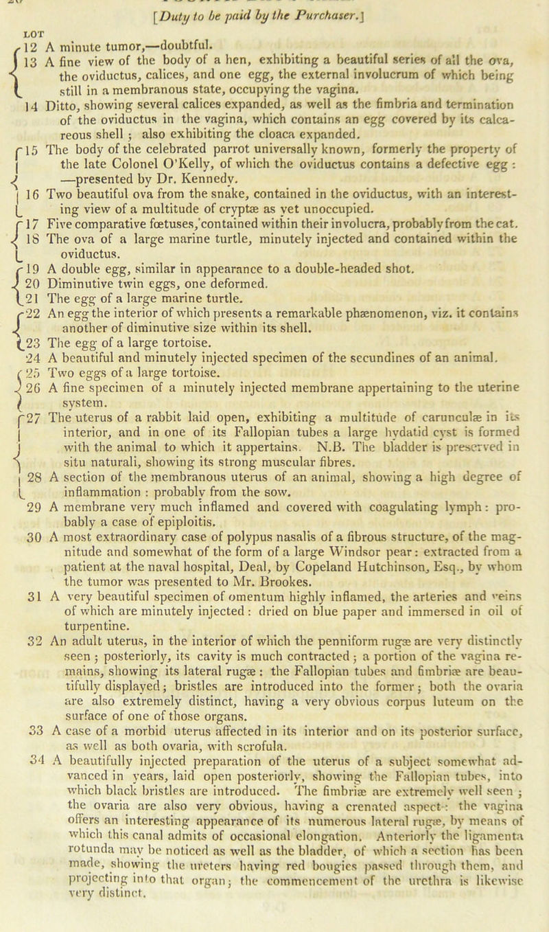f12 {“ 14 31 32 33 34 [Duty to be •paid by the Purchaser.] A minute tumor,—doubtful. A fine view of the body of a hen, exhibiting a beautiful series of all the ova, the oviductus, calices, and one egg, the external involucrum of which being still in a membranous state, occupying the vagina. Ditto, showing several calices expanded, as well as the fimbria and termination of the oviductus in the vagina, which contains an egg covered by its calca- reous shell ; also exhibiting the cloaca expanded. The body of the celebrated parrot universally known, formerly the property of the late Colonel O’Kelly, of which the oviductus contains a defective egg : —presented by Dr. Kennedy. Two beautiful ova from the snake, contained in the oviductus, with an interest- ing view of a multitude of cryptas as yet unoccupied. Five comparative foetuses/contained within their involucra, probably from the cat. The ova of a large marine turtle, minutely injected and contained within the oviductus. A double egg, similar in appearance to a double-headed shot. Diminutive twin eggs, one deformed. The egg of a large marine turtle. An egg the interior of which presents a remarkable phaenomenon, viz. it contains another of diminutive size within its shell. The egg of a large tortoise. A beautiful and minutely injected specimen of the secundines of an animal. Two eggs of a large tortoise. A fine specimen of a minutely injected membrane appertaining to the uterine system. The uterus of a rabbit laid open, exhibiting a multitude of carunculae in its interior, and in one of its Fallopian tubes a large hydatid cyst is formed with the animal to which it appertains. N.B. The bladder is preserved in situ naturali, showing its strong muscular fibres. A section of the membranous uterus of an animal, showing a high degree of inflammation : probably from the sow. A membrane very much inflamed and covered with coagulating lymph: pro- bably a case of epiploitis. A most extraordinary case of polypus nasalis of a fibrous structure, of the mag- nitude and somewhat of the form of a large Windsor pear: extracted from a patient at the naval hospital, Deal, by Copeland Hutchinson, Esq., bv whom the tumor was presented to Mr. Brookes. A very beautiful specimen of omentum highly inflamed, the arteries and reins of which are minutely injected : dried on blue paper and immersed in oil of turpentine. An adult uterus, in the interior of which the penniform rugte are very distinctly seen ; posteriorly, its cavity is much contracted ; a portion of the vagina re- mains, showing its lateral rugae : the Fallopian tubes and fimbriae are beau- tifully displayed; bristles are introduced into the former; both the ovaria are also extremely distinct, having a very obvious corpus luteum on the surface of one of those organs. A case of a morbid uterus affected in its interior and on its posterior surface, as well as botli ovaria, with scrofula. A beautifully injected preparation of the uterus of a subject somewhat ad- vanced in years, laid open posteriorly, showing the Fallopian tubes, into which black bristles are introduced. The fimbria; arc extremelv well seen ; the ovaria are also very obvious, having a crenated aspect : the vagina offers an interesting appearance of its numerous lateral rugae, by means of which this canal admits of occasional elongation. Anteriorly the ligamenta rotunda may be noticed as well as the bladder, of which a section has been made, showing the ureters having red bougies passed through them, ami projecting into that organ j the commencement of the urethra is likewise very distinct.