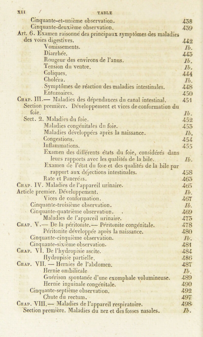 Cinquante-ct-unième observation. 458 Cinquante-deuxième observation. 459 Art. 6. Examen raisonne des principaux symptômes des maladies des voies digestives. 442 V omissements. II. Diarrhée. 445 Rougeur des environs de l’anus. 11. Tension du ventre. Jl. Coliques. 444 Choiera. H. Symptômes de réaction des maladies intestinales. 448 Entozoaircs. 450 Chap. III.— Maladies des dépendances du canal intestinal. 451 Section première. Développement et vices de conformation du foie. Jl. Sect. 2. Maladies du foie. 452 Maladies congénitales du foie. 455 Maladies développées après la naissance. Il, Congestions. 454 Inflammations. 455 Examen des différents états du foie, considérés dans leurs rapports avec les qualités de la bile. II. Examen de l’étal du foie et des qualités de la bile par rapport aux déjections intestinales. 458 Rate et Pancréas. 465 Chap. IV. Maladies de l’appareil urinaire. 465 Article premier. Développement. H. Vices de conformation. 467 Cinquante-troisième observation. II. Cinquante-quatrième observation. . 469 Maladies de l’appareil urinaire. 475 Chap. V.— De la péritonite.— Péritonite congénitale. 478 Péritonite développée après la naissance. 480 Cinquante-cinquième observation. H. Cinquante-sixième observation. 481 Chap. VI. De l’hydropisie ascite. 484 flydropisie partielle. 486 Chap. VII. — Hernies de l’abdomen. 487 Hernie ombilicale II. Guérison spontanée d’une cxompbalc volumineuse. 489 Hernie inguinale congénitale. 490 Cinquante-septième observation. 492 Chute du rectum. 497 Chap. VIII.— Maladies de l’appareil respiratoire. 498- Section première. Maladies du nez et des fosses nasales. Jl>.