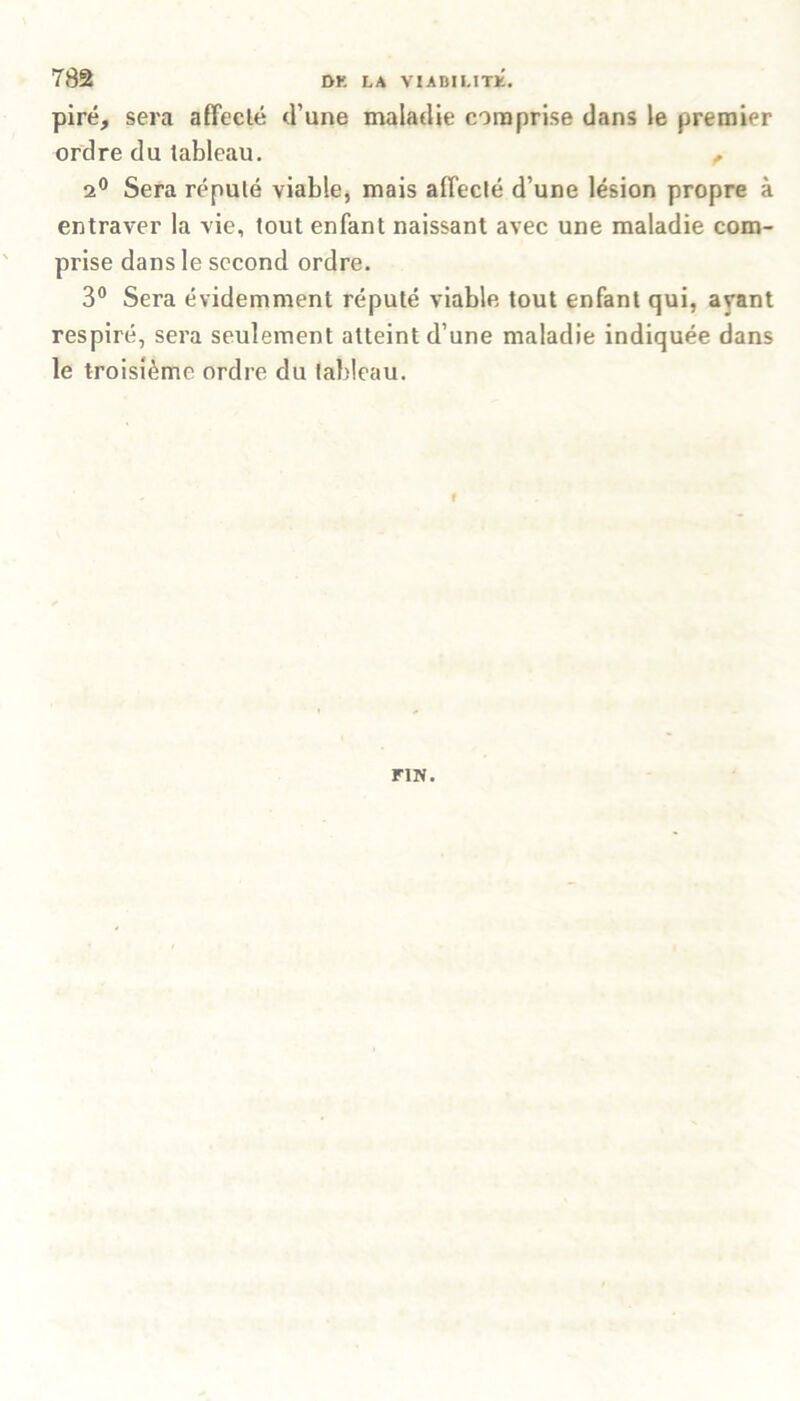 pire, sera afTeclé d’une maladie comprise dans le premier ordre du tableau. f 2° Sera réputé viable, mais affecté d’une lésion propre à entraver la vie, tout enfant naissant avec une maladie com- prise dans le second ordre. 3° Sera évidemment réputé viable tout enfant qui, avant respiré, sera seulement atteint d’une maladie indiquée dans le troisième ordre du tableau. f FIN.