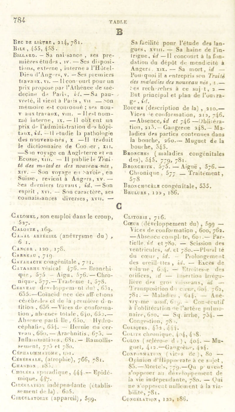 TADf.E Bec DK LlÙrRE , 2l4, 781. BlLR, 455, 45S. Billard. — Sa nai sancfi , se3 pre- mières études , iv.— Ses di-posî- tiiins, externe , interne a l’Hôtel- Bieu d’Ang-rs, v. —Ses piemiers lia vaux, vi. — Il con ourl pour un prix propose par l’Athénee de rné- tleçine de Paiis, il.—Sa pau- vreté, il vient à Paris , vu —>on mémoire est couronné ; ses nou- v aux travaux, vi 11. — llest nom- mé interne, ix.— Il obt ent un prix de ['administration d-s hôpi- taux, »;/.—Il étudié la pathologie d«s nouveau-nés, x —Il traduit le dictionnaire de Cooner , xn. —Son voyage en Angleterre et en Ecosse, xin. — Il publie le Trai- té des nui lad es des nouveau-nés , xiv. — Son voyage en Savoie, en Suisse, revient à Angers, xv.— Scs derniers travaux, id.—Sun esprit , xvi. — Son caractère, ses connaissances diverses, xvn. —• Calomkl, son emploi dans le croup, _s*7- C A LOI TE , l6(). Cai.al artéiuEl (anévrysme du) , 6 1. Canobh, 120, 178. Carreau , 719 C ata h acte congénitale , 721. Catarrhe vésical /176. — Bronchi- que, 5;5 - Aigu, 576. — Chro- nique, 5-y.—Traitrme t, 57S. Cerveau di'xi-loppcni' nt du' , 63i, 635.—Coïncid nce des air étions céiébr.ili s et de la premiéie d n- tition , 636 —Vices de conforma- tion , ab-ence totale, 6 jo, 65j.— Absence pai ti lie, 6.ïo. Hydro- céphalie, 604. — Hernie nu cer- veau, 660.— Aracbnitis, 67.1. — Inflammations, 681.— Ramollis- sement, 77Ô et 7Sn. Cépiiai.oe.matome , un. Cérérmai.r, (atrophie), 766, -St. ChArbor 18). Choléra sporadique, 444-—Epidé- mique, 44*7- Cieci nrior, indépendante (établis- sement de la) . 6o5. CiacoLATOiaB (appareil), 5pÿ. Sa facilité pour l’étude des lan- gues, xviii. — Sa haine de l’in- Irigue, id —Il concourt à la fon- dation du dépôt de mend cité à Angers, xix. — Sa mort, id — Poil 1 quoi il a entrepris son Truité des maladies des nouveau nés , i.— t es rech relies à ce suj t, 2 — But principal et plan de l’uuvra- g- , id. Bouche (description de la) , 210.— Vices 'e conformation, 212,746. — Absence, id et 746—Obiiiéra- tion, 2iS. — Gangrené 248.—Ma- ladies des parties contenues dans la bouche, 260.— Muguet de la bourbe, 345. Bborchks ( maladies congénitales des), 545, 779, 781. Bronchite, 5y5. — Aiguë, 576.— Chionique, 5yr — Traitement, 578 Bronchocèle congénitale, 535. Brulurb ,122, 186. G Clitoris ,716. Coeur (développement du) , 599 — Vices de conformation , 600, 762. —Absence compb te, 601.— Par- tielle id et 7S0. — Scission des ventricules, «Cel 780.—Plural lé du coeur , id. — Ptolougemcut des urciil îles , id. — Excès de volume , G -4- — Etn-iles-e des Olilices, id — iusntion irrégu- lière des gros vaisseaux, id — 1 ransposition d * c rur, 6o4. 762, 7S1. — Maladies, Gi4- — Ané- vry-me assif, 619. — Con-écutif à l’oblitération oe l’artère pulmo- naire, 620. — Sq irrhe, 704. — Congestion, 78 ■. ColiqüBS . 4^2,444. Couru chronique, 4^4, 4 ’8. Colon ( seléro-e d 1 ) , 4o4- — Mu- guet, 4'2.—Gangrène, 4*4- Conformât! «n ( \ ic»s rie), 80 — Opinion d’Ilippm rate à ce sujet , 83.— Mortels, -79.—Qu p usent s’opposer au développement de la vie indépendante, 780. — Qui ne s'opposent nullement à la via- bilité, 781. Congélation , 122, 18G.