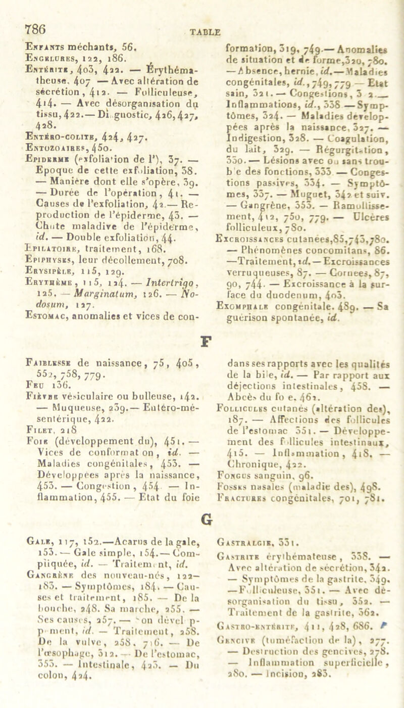 EwriNTs méchant», 56. E.NGELUBES, 122, 186. Entérite, 4o3, — Érythém*- thcu»«, 407 —Arec altération de sécrétion , 412- — Folliculeuse, 4*4- — Avec désorganisation du tissu, 422.— Di gnostic, 4J6,427, 428. Entéro-colitb, 424j 427. Entozoaibes, /|5o. Epiderme (p*folia’ion de 1’), 37. — Epoque de cette exfoliation, 38. — Manière dont elle s’opère, 3g. — Durée de l’opération, 4*- — Causes de l’exfoliation, 42-— Re- production de l’épiderme, 43. — Chute maladive de l’épiderme, id. — Double exfoliation, 44- Epilatoirk, traitement, 168. Epiphyse», leur décollement, 708. Erysipèle, 1 i5, 129. Erythème , 1 1 5, 1 a4. — Inteririqo , ia5. ■— Marginalum, 126.— JVo- dosum, 127. Estomac, anomalies et vices de con- formation, 3ig, 74g-— Anomalies de situation et de forme,3ao, 780. —A bsence, hernie, id.—Maladies congénitales, id.,74g»779 — Etat sain, 3a 1.—Congestions, 3 2 Inflammations, id., 338 —Symp- tômes, 324. — Maladies dévelop- pées après la naissance, 327. — Indigestion, 328. — Coagulation, du lait, 32g. — Régurgitation, 35o. — Lésions avec ou sans trou- b e des fonctions, 535 — Conges- tions passives, 534. — Symptô- mes, 337. — Muguet, 54? etsuiv. — Gangrène, 553. — Ramoitisse- ment, 4'2, 75o, 779. — Ulcères folliculeux, 780. Excroissances cutanées,85,743,780. — Phénomènes concomilans, 86. —Traitement, t d. — Excroissances verruqueuses, 87. — Cornees,87, 90, 744- — Excroissance à la sur- face du duodénum, 4o5. Exgmphalb congénitale. 489. — Sa guérison spontanée, id. Faiblesse de naissance, 75, 4°5 » 552, 758, 779. Feu i36. FiivBB vésiculaire ou bulleuse, 1^2. — Muqueuse, a3g.— Eutéro-mé- sentérique, 4*2. Filet. 21S Foie (développement du), 45 t.— Vices de conformât on , id. — Maladies congénitales, 453. — Développées après la naissance, 453. — Congestion, 454 — In- flammation, 455. — Etat du foie dans ses rapports avec les qualités de la biie, id. — Par rapport aux déjections intestinales, 458. — Abcès du fo e. 46». Follicules cutanés (altération de»), 187. — Affections des follicules de l’estomac 551. — Développe- ment des filleules intestinaux, 415. — Inflammation , 4*8. — Chronique, 422. Fohgüs sanguin, g6. Fosses nasales (maladie des), 4gS. Fractures congénitales, 701, 781. Gale, 117, i52.—Acarus de la gale, 153. — Gale simple, 154- — Com- pliquée, id. — Traiterai nt, id. Gangrène des nouveau-nés, 122— i83. — Symptômes, 184. — Cau- ses et traitrmrnt, iS5. — Delà bouche, 24S. Sa marche, 255. — Scs causes, 257.— 'on dével p- p nient, id. — Traitement, a58. De la vulve, a58. 716. — De l’oesophage, 5i2.— De l’estomac, 355. — Intestinale, 423. — Du colon, 4a4- Gastralgie, 531. Gastrite érythémateuse , 35S. — Avec altération de sécrétion, 34a. — Symptômes de la gastrite, 349. — Follicuieuse, 551. — Avec dé- sorganisation du tissu, 55a. — Traitement de la gastrite, 362. Gastro-k.ntéritf, 4 > > s 428, 686. P Grncivr (tuméfaction de la), 277. — Destruction des gencives, 278. — Inflammation superficielle, 2S0. — incision, aS3.