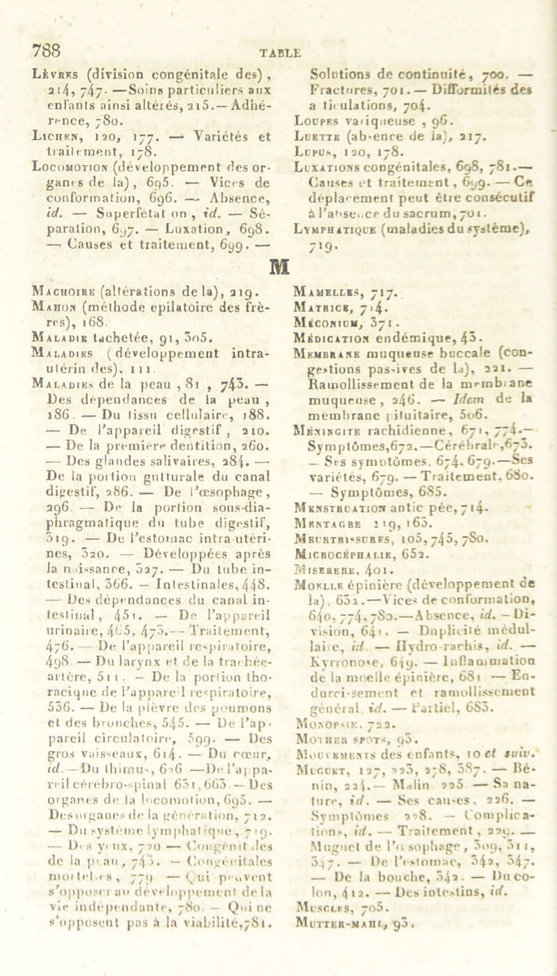 Lèvbks (division congénitale des) , 2 145 47- —Soins particuliers aux enfants ainsi altérés, 2i5.— Adhé- rence, ;8o. Lichen, 120, 177. — Variétés et traitement, 17S. Locomotion (développement des or- ganes de la), 6q5. — Vices de conformation, 696. — Absence, ici. — Snpcrfétat on , id. — Sé- paration, 697. — Luxation, 698. — Causes et traitement, 699. — Mâchoire (altérations delà), 219. Mahon (méthode epilatoire des frè- res), 1 t>S. Maladie tachetée, 91, 3o5. Maladies (développement intra- utérin des), 111 Maladie» de la peau , 81 , j/fî. — Des dépendances de la peau , 186. — Du tissu cellulaire, 18S. — De l’appareil digestif, 210. — De la première dentition, 260. — Des glandes salivaires, 284. — De la poitiou gutturale du canal digestif, 286. — De l’œsophage, 296. — De la portion sous-dia- phragmatique du tube digestif, 5ig. — De l’estomac intra utéri- nes, 020. — Développées après la naissance, 027. — Du tube in- testinal, 566. — Intestinales, 44S. — Des dépendances du canal in- testinal, 45t. — De l’appareil urinaire, 465, 470.-- Traitement, 476. — De l’appareil respiratoire, 4<jS — Du larynx et de la trachée- artère, 51 1 . — De la porlion tho- racique de l’appareT respiratoire, 556. — De la plèvre des poumons et des bronches, 545. — De l’ap- pareil circulatoire, 599. — Des gros vaisseaux, 614• — Du cœur, id.—Du ihitnu», 626 —De l'appa- reil cérébro-spinal 651,665 — Des organes de la locomotion, 695. — Des organes de la génération, 712. — Du système iyrnphalique , 719. — Drs yi ux, 720 — Congénit des de la p' an, 74'). — Congénitales moi tcl.i s, 779 —Ç ui peuvent s’opposer au développement delà vie indépendante, 780. — Qui 11c s’opposent pas à la viabilité,781. Solutions de continuité, 700. — Fractures, 701.— Difformités des a tii ul,liions, 704. Loupes vaiiqueuse , 96. Luette (ab-ence de la), 217. Lcpu», 1 20, 178. Luxations congénitales, 698, 781 — Causes et traitement, 699. — Ce déplacement peut être consécutif à l’at'seuce du sacrum, 70 t. Lymphatique (maladies du système), 7*9- Mamelles, 717. Matbicb, 7 i4- Méconium, 371. Médication endémique, 4^ • Membrane muqueuse buccale (con- gestions pas-ives de la), 221. — Ramollissement de la monbiane muqueuse, 246. — Idem de la membrane | iluitaire, 5o6. Mbxisgitb rachidienne, 671» 7/4-— Symptômes,672. — Céréhrab-^ô. — Ses symntômes. 674. 679.—Ses variétés, 679. — Traitement, 680. — Symptômes, 6S5. MENSTauATiort antic pée, 714- Mrntagbe 319, 165. Mbi'rtri-sühfs, 105,745,780. Microcéphalie, 652. Miserere. 4oi. Moelle épinière (développement oe la), 63i.—Vices de conformation, 640,774,780.—Absence, id. - Di- vision, 64' • — Duplicité tnédul- lairc, id — Ilydro rachis, id. — Kyrronose, 619. — Inflammation de la moelle épinière, 681 — En- durci-sement et ramollissement général, id. — Farticl, 685. MoxOpsik. 722. Moihkr spots, 93. Mouvements des enfants, to et suiv.' Muguet, 127, ->25, 278, 587. — Bé- nin, 22— Malin 225 — Sa na- ture, id. — Ses cau-es. 226. — Symptômes 228. — Complica- tions, id. — Traitement, 229. — Muguet de l’usophage, 309, 3i 1, 5^7. — De l’estomac, 542, 347. — De la bouche, 34a. — Du co- lon, 4 12. — Des inlc.'tins, id. Muscles, 705. Muttkr-maiil, 93.