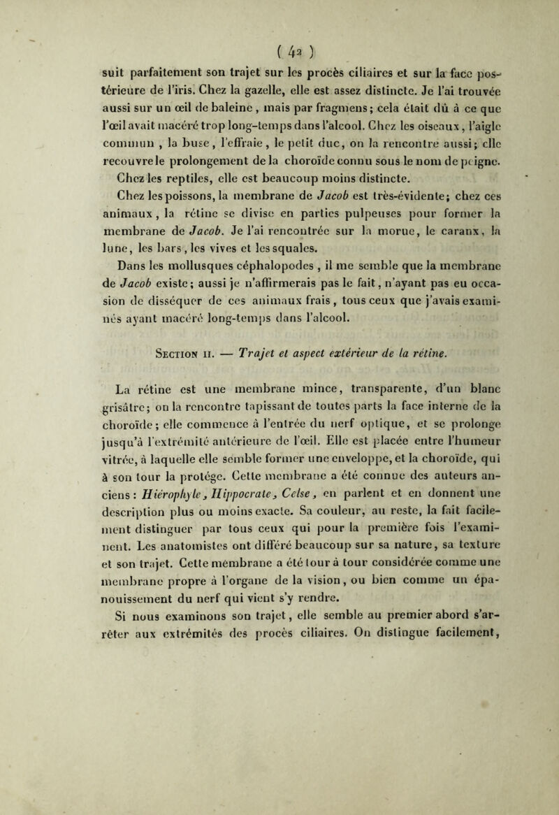 (40 suit parfaitement son trajet sur les procès ciliaires et sur la face pos-* térieure de l’iris. Chez la gazelle, elle est assez distincte. Je l’ai trouvée aussi sur un œil de baleine , mais par fragmens; cela était dû à ce que l’œil avait macéré trop long-temps dans l’alcool. Chez les oiseaux, l’aigle commun , la buse, l’effraie, le petit duc, on la rencontre aussi; clic recouvre le prolongement de la choroïde connu sous le nom de peigne. Chez les reptiles, elle est beaucoup moins distincte. Chez les poissons, la membrane de Jacob est très-évidente; chez ces animaux , la rétine se divise en parties pulpeuses pour former la membrane àc Jacob. Je l’ai rencontrée sur la morue, le caranx, la lune, les bars, les vives et les squales. Dans les mollusques céphalopodes , il me semble que la membrane de Jacob existe; aussi je n’affirmerais pas le fait, n’ayant pas eu occa- sion de disséquer de ces animaux frais , tous ceux que j’avais exami- nés ayant macéré long-temps dans l’alcool. Section ii. — Trajet et aspect extérieur de la rétine. La rétine est une membrane mince, transparente, d’un blanc grisâtre; on la rencontre tapissant de toutes parts la face interne de la choroïde; elle commence à l’entrée du nerf optique, et se prolonge jusqu’à l’extrémité antérieure de l’œil. Elle est placée entre rhumeur vitrée, à laquelle elle semble former une enveloppe, et la choroïde, qui à son tour la protège. Cette membrane a été connue des auteurs an- ciens : Uiéroph) le J Hippocrale J Celse, en parlent et en donnent une description plus ou moins exacte. Sa couleur, au reste, la fait facile- ment distinguer par tous ceux qui pour la première fois l’exami- nent. Les anatomistes ont différé beaucoup sur sa nature, sa texture et son trajet. Cette membrane a été tour à tour considérée comme une membrane propre à l’organe de la vision, ou bien comme un épa- nouissement du nerf qui vient s’y rendre. Si nous examinons son trajet, elle semble au premier abord s’ar- rêter aux extrémités des procès ciliaires. On distingue facilement,