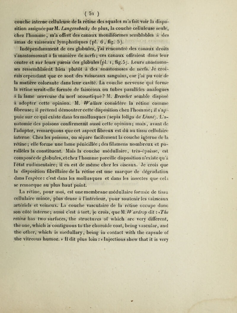 couche interne celluleuse de la rétine des squales m’a fait voir la dispo- sition assignée parM. Langensbeck; de plus, la couche celluleuse seule, chez l’homme, m’a offert des canaux moniliforines semblables à «les amas de vaisseaux lymphatiques (pl. 6, fig. 5). Indépendamment de ces globules, j’ai rencontré des canaux droits s’anastomosant à la manière de nerfs; ces canaux offraient dans leur centre et sur leurs parois des globules (pl. i, fig.5j. Jjeurs anastomo- ses ressemblaient bien plutôt à des anastomoses de nerfs. Je croi- rais cependant que ce sont des vaisseaux sanguins, car j’ai pu voir de la matière colorante dans leur cavité, La couche nerveuse qui forme la rétine serait-elle formée de faisceaux ou tubes parallèles analogues à la lame nerveuse du nerf acoustique? i\l. Brescfiet semble disposé à adopter cette opinion. M. Wallace considère la rétine comme fibreuse; il prétend démontrer cette disposition chez l’homme; il s’ap - puie sur ce qui existe dans les mollusques (sepia loligo de Linné). L’a- natomie des poisons confirmerait aussi cette opinion; mais, avant do l’adopter, remarquons que cet aspect fibreux est dû au tissu cellulaire interne. Chez les poisons, ou sépare facilement la couche it^terne de la rétine; elle forme une lame pénicillée ; des filamens nombreux et pa- rallèles la constituent. Mais la couche médullaire, très-épaisse, est coinposéede globules,etchez l’homme pareille disposition n’existe qu’à l’état rudimentaire; il en est de même chez les oiseaux. Je crois que la disposition fibrillalre de la rétine est une marque de dégradation dans l’espèce: c’est dans les mollusques et dans les insectes que cel.i se remarque au plus haut point. La rétine, pour moi, est une membrane médullaire formée de tissu cellulaire mince, plus dense à l’intérieur, pour soutenir les vaisseaux artériels et veineux. La couche vasculaire de la rétine occupe donc son côté interne; aussi c’est à tort, je crois, (\\\^}iï.Wardrop dit : «J’/te retina bas Iwo surfaces, the structures of which are very different, the one, which is contiguous to the choroïde coat, being vascular, and the other, which is medullary, being in contact with the capsule of the vitreous humor. i> 11 dit plus loin : a Injections shew that it is very