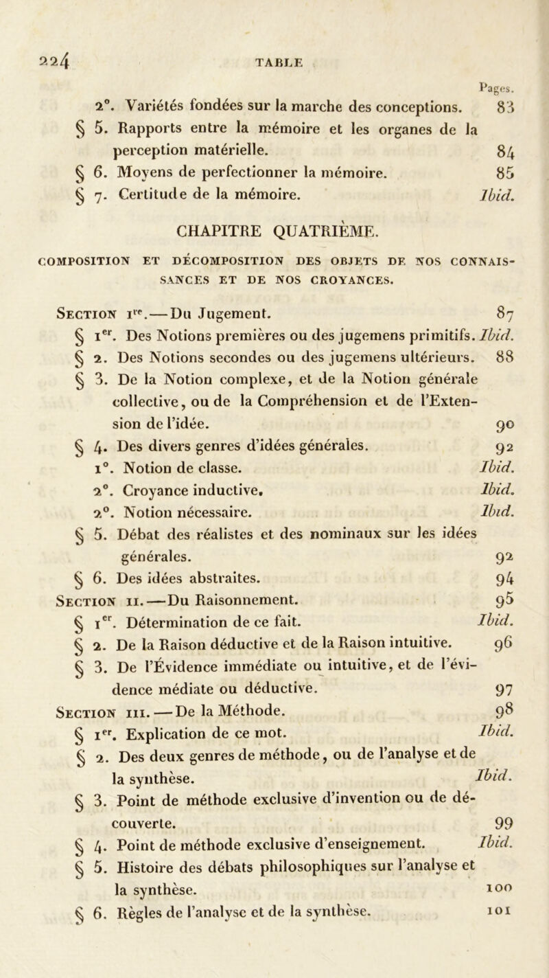 2°. Variétés fondées sur la marche des conceptions. 83 § 5. Rapports entre la mémoire et les organes de la perception matérielle. 84 § 6. Moyens de perfectionner la mémoire. 85 § 7. Certitude de la mémoire. Ibid. CHAPITRE QUATRIÈME. COMPOSITION ET DECOMPOSITION DES OBJETS DE NOS CONNAIS- SANCES ET DE NOS CROYANCES. Section i,t.—Du Jugement. 87 § Ier. Des Notions premières ou des jugemens primitifs. Ibid. ^ 2. Des Notions secondes ou des jugemens ultérieurs. 88 § 3. De la Notion complexe, et de la Notion générale collective, ou de la Compréhension et de l’Exten- sion de l’idée. 90 § 4* Des divers genres d’idées générales. 92 i°. Notion de classe. Ibid. 20. Croyance inductive. Ibid. 2°. Notion nécessaire. Ibid. § 5. Débat des réalistes et des nominaux sur les idées générales. 92 § 6. Des idées abstraites. 94 Section ii.—Du Raisonnement. g5 § Ier. Détermination de ce fait. Ibid. § 2. De la Raison déductive et de la Raison intuitive. 96 § 3. De l’Évidence immédiate ou intuitive, et de l’évi- dence médiate ou déductive. 97 Section 111. — De la Méthode. 98 § Ier. Explication de ce mot. Ibid. § 2. Des deux genres de méthode, ou de l’analyse et de la synthèse. Ibid. § 3. Point de méthode exclusive d’invention ou de dé- couverte. 99 § 4. Point de méthode exclusive d’enseignement. Ibid. ^ 5. Histoire des débats philosophiques sur l’analyse et la synthèse. ^ 6. Règles de l’analyse et de la synthèse. 101