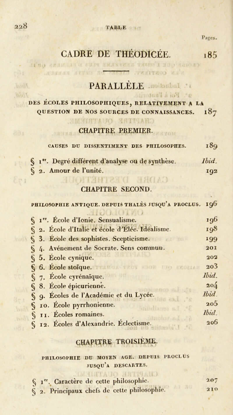 Pages. CADRE DE THÉODICÉE. i85 PARALLÈLE ' ■ , ;! j ( il J,r] ^ DES ÉCOLES PHILOSOPHIQUES, RELATIVEMENT A LA QUESTION DE NOS SOURCES DE CONNAISSANCES. 187 , *  i J . CHAPITRE PREMIER, CAUSES DU DISSENTIMENT DES PHILOSOPHES. 189 § i*r. Degré différent d’analyse ou de synthèse. Ibid» § 2. Amour de l’unité. 192 CHAPITRE SECOND. PHILOSOPHIE ANTIQUE. DEPUIS THALÈS JUSQU’A PROCLUS. I96 . . J. O J ■•JL t § 1er. École d’Ionie. Sensualisme. 198 § 2. École d’Italie et école d’Élée. Idéalisme, 198 § 3. École des sophistes. Scepticisme. 199 ^ 4- Avènement de Socrate. Sens commun. 201 § 5. École cynique. 202 § 6. École stoïque. 2o3 § 7. École cyrénaïque. Ibid, § 8. École épicurienne. 20^ § 9. Écoles de l’Académie et du Lycée. Ibid § 10. École pyrrhonienne. 2o5 § 11. Écoles romaines. Ibid. § 12. Écoles d’Alexandrie. Éclectisme. 206 CHAPITRE TROISIEME. PHILOSOPHIE DU MOYEN AGE. DEPUIS PROCLUS iusqu’a DESCARTES. ^ 1er. Caractère de cette philosophie. 207 § 2. Principaux chefs de cette philosophie. 210