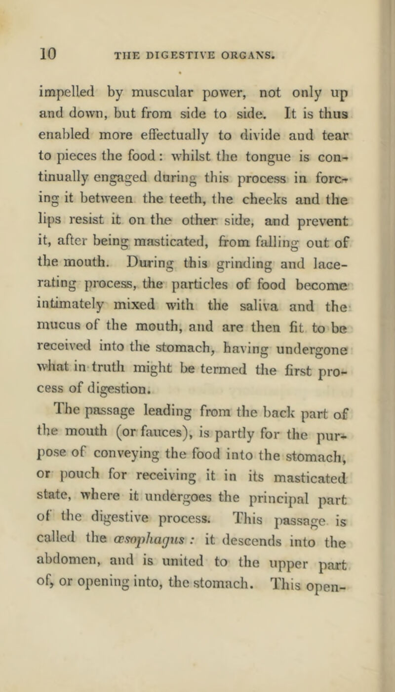 impelled by muscular power, not only up and down, but from side to side. It is thus enabled more effectually to divide aud tear to pieces the food: w-hilst the tongue is con- tinually engaged during this process in forc- ing it between the teeth, the cheeks and the lips resist it on tlie other, side, and prevent it, after being masticated, from falling out of the mouth. During this grinding and lace- rating process, the particles of food become intimately mixed wdth the saliva and the- mucus of the mouth, and are then fit to be received into the stomach, having undergone what in-truth might be termed the first pro- cess of digestion. The passage leading from the back part of the mouth (or fauces), is partly for the pur- po.se of conveying the food into the stomach, or j)ouch for receiving it in its masticated state, where it undergoes the principal part of the digestive process. This passage, is called the cc.<fnphagns : it descends into the abdomen, and is united to the upper part, of, or opening into, the stomach. This open-