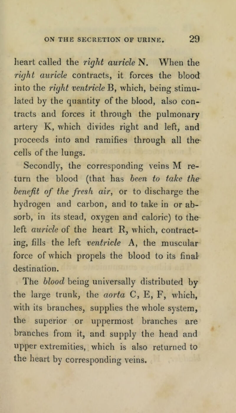 heart called the right auricle N. When the right auricle contracts, it forces the blood into the right ventricle B, Avhich, being stimu- lated by the quantity of the blood, also con- tracts and forces it through the pulmonary artery K, Avhich divides right and left, and proceeds into and ramifies through all the cells of the lungs. Secondly, the corresponding veins M re- turn the blood (that has been to take the benefit of the fresh air, or to discharge the hydrogen and carbon, and to take in or ab- sorb, in its stead, oxygen and caloric) to the left auricle of the heart R, which, contract- ing, fills the left ventricle A, the muscular force of Avhich propels the blood to its final destination. The blood being universally distributed by the large trunk, the aorta C, E, F, Avhich, Avith its branches, supplies the Avhole system, the superior or uppermost branches are branches from it, and supply the head and upper extremities, which is also returned to the heart by corresponding veins.