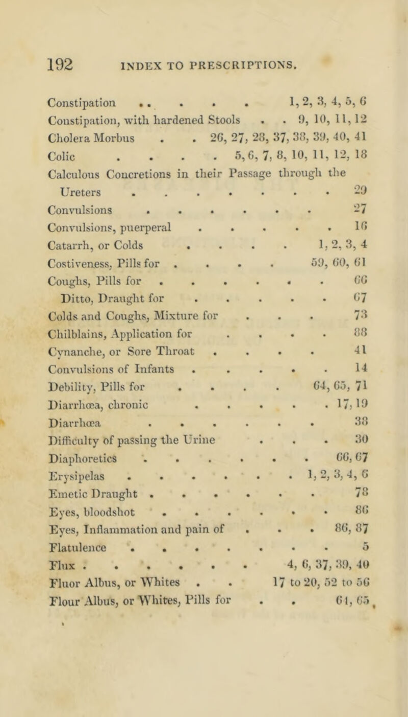 Constipation .. . . . 1,2, 3,4, 5, G Constipation, with hardened Stools . . !), 10, 11,12 Cholera Morbus . . 2G, 27, 28, 37, 38, 30, 40, 41 Colic .... 5, C, 7, S, 10, 11, 12, 18 Calculous Concretions in their Passage through the Ureters .... Convulsions . . • Convulsions, puerperal Catarrh, or Colds Costiveness, Pills for . Coughs, Pills for . . . Ditto, Draught for Colds and Coughs, Mixture for Chilblains, Application for Cynanche, or Sore Throat Convulsions of Infants Debility, Pills for Diarrhoea, chronic Diarrhoea . . Difficulty of passing the Urine Diaphoretics Drysipelas .... Emetic Draught ... Eyes, bloodshot Eyes, Inflammation and pain of Flatulence .... Flux ..... Fluor Albus, or Whites Flour Albus, or Whites, Pills for •23 27 18 1,2,3, 4 53, GO, G1 . . GG G7 73 88 41 14 G4, Go, 71 . 17,19 38 . . 30 . . CG, G7 . 1, 2, 3, 4, 6 . . 73 . . 8G 8G, 87 . . o 4, G, 37, 30, 40 17 to 20, 52 to 56 . 0 I, (j o ^