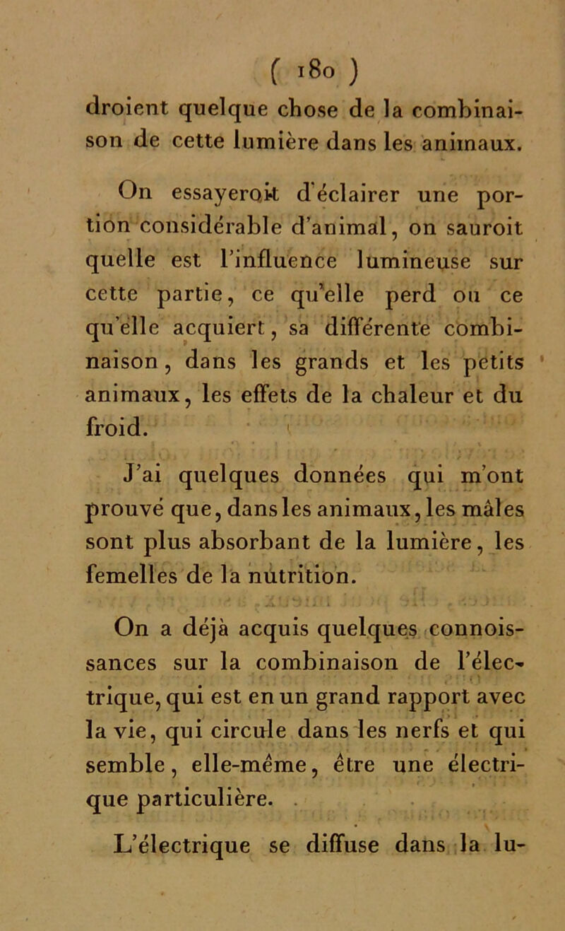 droient quelque chose de la combinai- son de cette lumière dans les animaux. On essayerok d éclairer une por- tion considérable d’animal, on sauroit quelle est l’influence lumineuse sur cette partie, ce qu’elle perd ou ce qu’elle acquiert, sa différente combi- naison , dans les grands et les petits animaux, les effets de la chaleur et du froid. 1 J’ai quelques données qui m’ont prouvé que, dans les animaux, les mâles sont plus absorbant de la lumière, les femelles de la nutrition. On a déjà acquis quelques connois- sances sur la combinaison de l’éleC'- trique, qui est en un grand rapport avec la vie, qui circule dans les nerfs et qui semble, elle-même, être une électri- que particulière. L’électrique se diffuse dans la lu-