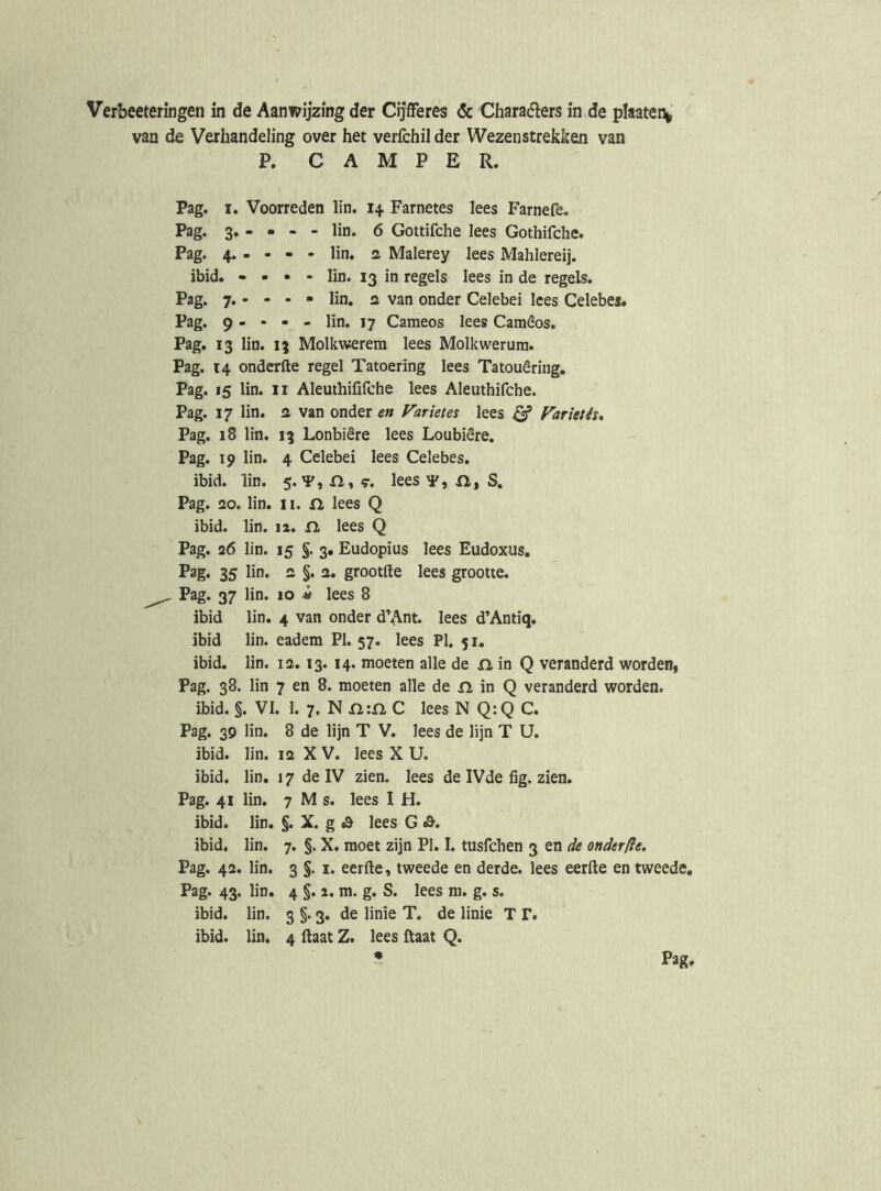 Verbeeteringen in de Aanwijzing der Cijfferes & Characflers in de plaaten^ van de Verhandeling over het verfchil der Wezenstrekken van P. CAMPER. Pag. I. Voorreden lin. Farnetes lees Farnefe. Pag‘ 3* - • “ - lin. 6 Gottifche lees Gothifche. Pag. 4. - - - - lin. a Malerey lees Mahlereij. ibid. - - • - lin. 13 in regels lees in de regels. Pag. 7. - - - * lin. 2 van onder Celebei lees Celebes. Pag. 9 - - - - lin. 17 Cameos lees Camêos. Pag. 13 lin. 13 Molkwerem lees Molkweruni. Pag. 14 onderfte regel Tatoering lees Tatouêring. Pag. 15 lin. II Aleuthififche lees Aleuthifche. Pag. 17 lin. 2 van onder en Farietes lees ^ Farietit* Pag. 18 lin. 13 Lonbiêre lees Loubiêre. Pag. 19 lin. 4 Celebei lees Celebes. ibid. lin. 5. Y, y. lees rii S, Pag. 20. lin. II. n lees Q ibid. lin. 12. fl lees Q Pag. 26 lin. 15 §.3. Eudopius lees Eudoxus, P3g. 35 lin. 2 §. 2. grootfte lees grootte. Pag. 37 lin. 10 « lees 8 ibid lin. 4 van onder d’Ant. lees d’Antiq. ibid lin. eadem PI. 57. lees PI. 51. ibid. lin. 12.13. 14. moeten alle de n in Q veranderd worden, Pag. 38. lin 7 en 8. moeten alle de n in Q veranderd worden. ibid. §. VI. 1. 7. N n:n, C lees N Q:Q C. Pag. 39 lin. 8 de lijn T V. lees de lijn T U. ibid. lin. 12 X V. lees X U. ibid. lin, 17 de IV zien. lees de IVde fig. zien. Pag. 41 lin. 7 M s. lees I H. ibid. lin. §. X. g lees G ibid. lin. 7. §. X. moet zijn PI. I. tusfchen 3 en onderfte. Pag. 42. lin. 3 §. I. eerfte, tweede en derde, lees eerfte en tweede, Pag. 43. lin. 4 §. 2. m. g. S. lees m. g. s. ibid. lin. 3 §. 3. de linie T. de linie T r. ibid. lin. 4 üaat Z. lees Raat Q. Pag,