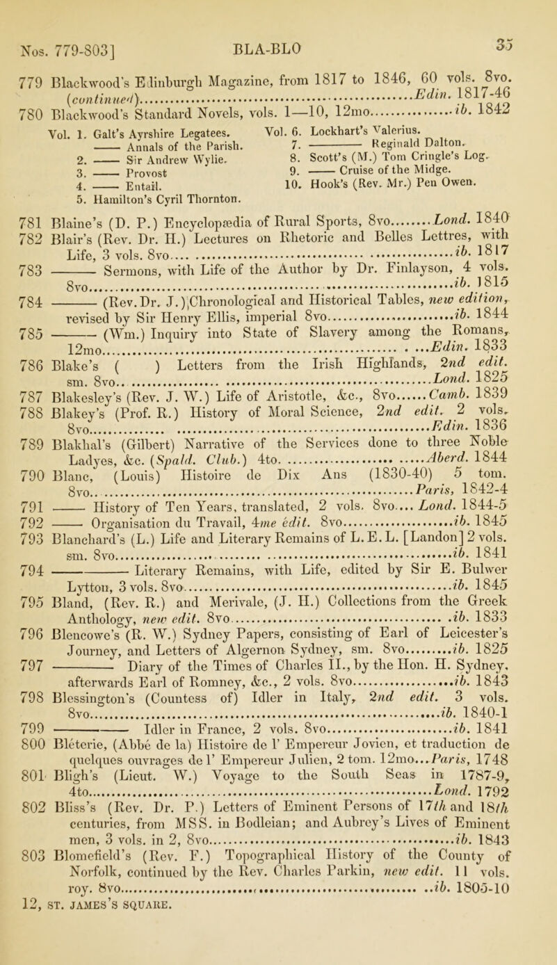 Nos. 779-803] BLA-BLO 779 Blackwood’s Edinburgh Magazine, from 1817 to 1846, 60 vols. 8vo. (continue'!) 1 817-40 780 Blackwood’s Standard Novels, vols. 1—10, 12mo ib. 1842 Yol. 1. Galt’s Ayrshire Legatees. Annals of the Parish. 2. Sir Andrew Wylie. 3. Provost 4. Entail. Yol. 6. Lockhart’s Valerius. 7. Reginald Dalton. 8. Scott’s (M.) Tom Cringle’s Log. 9. Cruise of the Midge. 10. Hook’s (Rev. Mr.) Pen Owen. 5. Hamilton’s Cyril Thornton. 781 Blaine’s (D. P.) Encyclopaedia of Rural Sports, 8vo Lond. 1840 782 Blair’s (Rev. Dr. H.) Lectures on Rhetoric and Belles Lettres, with Life, 3 vols. 8 ^817 Sermons, with Life of the Author by Dr. Finlayson, 4 vols. 8vo ih• ,1?15 (Rev.Dr. J.),Chronological and Historical Tables, new edition, revised by Sir Henry Ellis, imperial 8vo ib- 1844 (Win.) Inquiry into State of Slavery among the Romans, 783 784 12mo.V. ’ Edin. 1833 786 Blake’s ( ) Letters from the Irish Highlands, 2nd edit. sm. 8 Lond. 1825 787 Blakesley’s (Rev. J. W.) Life of Aristotle, &c., 8vo Camb. 1839 788 Blakey’s (Prof. R.) History of Moral Science, 2nd edit. 2 vols. Edin. 1836 789 Blakhal’s (Gilbert) Narrative of the Services done to three Noble Ladyes, &c. (Spald. Club.) 4to Aberd. 1844 790 Blanc, (Louis) Histoire de Dix Ans (1830-40) 5 tom. 8 Paris, 1842-4 791 History of Ten Years, translated, 2 vols, 8vo.... Lond. 1844-5 792 Organisation du Travail, 4me edit. 8vo ib. 1845 793 Blanchard’s (L.) Life and Literary Remains of L. E. L. [Landon] 2 vols. sm. 8vo ib. 1841 794 Literary Remains, with Life, edited by Sir E. Bulwer Lyttou, 3 vols. 8vo ib. 1845 795 Bland, (Rev. R.) and Merivale, (J. H.) Collections from the Greek Anthology, new edit. 8vo ib. 1833 796 Blencowe’s (R. W.) Sydney Papers, consisting of Earl of Leicester’s Journey, and Letters of Algernon Sydney, sm. 8vo ib. 1825 797 Diary of the Times of Charles II., by the Hon. H. Sydney, afterwards Earl of Romney, &c., 2 vols. 8vo ib. 1843 798 Blessington’s (Countess of) Idler in Italy, 2nd edit. 3 vols. 8vo ib. 1840-1 799 Idler in France, 2 vols. 8vo ib. 1841 800 Bleterie, (Abbe de la) Histoire de Y Empereur Jovicn, et traduction de quelques ouvrages del’ Empereur Julien, 2 tom. 12mo...Paris, 1748 801 Bligh’s (Lieut. W.) Voyage to the South Seas in 1787-9, 4 to Lond. 1792 802 Bliss’s (Rev. Dr. P.) Letters of Eminent Persons of 17th and 18/A centuries, from MSS. in Bodleian; and Aubrey’s Lives of Eminent men, 3 vols. in 2, 8vo ib. 1843 803 Blomefield’s (Rev. F.) Topographical History of the County of Norfolk, continued by the Rev. Charles Parkin, new edit. 11 vols. roy. 8vo ib. 1805-10