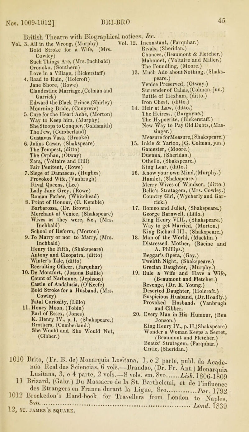 British Theatre with Biographical notices, &c. Yol. 3. All in the Wrong, (Murphy) Yol. 12. Inconstant, (Farqnhar.) Bold Stroke for a Wife, (Mrs. Rivals, (Sheridan.) Cowley) Chances, (Beaumont & Fletcher.) Such Things Are, (Mrs. Inclibald) Mahomet, (Voltaire and Miller.) Oronoko, (Southern) The Foundling, (Moore.) Love in a Village, (Bickerstaff) 13. Much Ado about Nothing, (Sliaks- 4. Road to Ruin, (Holcroft) peare.) Jane Shore, (Rowe) Venice Preserved, (Otway.) Clandestine Marriage,(Colman and Surrender of Calais,(Colman, jun.) Garrick) Battle of Hexham, (ditto.) Edward the Black Prince,(Shirley) Iron Chest, (ditto.) Mourning Bride, (Congreve) 14. Heir at Law, (ditto.) 5. Cure for the Heart Ache, (Morton) The Heiress, (Burgoyne.) Way to Keep him, (Murphy) The Hypocrite, (Bickerstaff.) She Stoops to Conquer,(Goldsmith) New Way to Pay Old Debts, (Mas- The Jew, (Cumberland) singer.) Gustavus Vasa, (Brooke) Measure forMeasure,(Sliakspeare.) 6. Julius Caesar, (Shakspeare) 15. Inkle & Yarico, (G. Colman, jun.) The Tempest, (ditto) Gamester, (Moore.) The Orphan, (Otway) Duenna, (Sheridan.) Zara, (Voltaire and Hill) Othello, (Shakspeare.) Fair Penitent, (Rowe) King Lear, (ditto.) 7. Siege of Damascus, (Hughes) 16. Know your own Mind,(Murphy.) Provoked Wife, (Vanbrugh) Hamlet, (Shakspeare.) Rival Queens, (Lee) Merry Wives of Windsor, (ditto.) Lady Jane Grey, (Rowe) Belle’s Stratagem, (Mrs. Cowley.) Roman Father, (Whitehead) Country Girl, (Wycherly and Gar- 8. Point of Honour, (C. Kemble) rick.) Barbarossa, (Dr. Brown) 17. Romeo and Juliet, (Shakspeare.) Merchant of Venice, (Shakspeare) George Barnwell, (Lillo.) Wives as they were, &c., (Mrs. King Henry VIII., (Shakspeare.) Inclibald) Way to get Married, (Morton.) School of Reform, (Morton) King Richard III., (Shakspeare.) 9. To Marry or nor to Marry, (Mrs. 13. Man of the World, (Macklin.) Inchbald) Distressed Mother, (Racine and Henry the Fifth, (Shakspeare) A. Phillips.) Antony and Cleopatra, (ditto) Beggar’s Opera, (Gay.) Winter’s Tale, (ditto) Twelfth Night, (Shakspeare.) Recruiting Officer, (Farquhar) Grecian Daughter, (Murphy.) 10. De Montfort, (Joanna Baillie) 19. Rule a Wife and Have a Wife, Count of Narbonne, (Jeplison) (Beaumont and Fletcher.) Castle of Andalusia, (O’Keefe) Revenge, (Dr. E. Young.) Bold Stroke for a Husband, (Mrs. Deserted Daughter, (Holcroft.) Cowley) Suspicious Husband, (Dr.Hoadly.) Fatal Curiosity, (Lillo) Provoked Husband, (Vanbrugh 11. Honey Moon, (Tobin) and Cibber. Earl of Essex, (Jones) 20. Every Man in His Humour, (Ben K. Henry IV., p. I, (Shakspeare.) Jonson.) Brothers, (Cumberland.) King Henry IV., p. II,(Shakspeare) She Mould and She Would Not, Wonder a Woman Keeps a Secret, (Cibber.) (Beaumont and Fletcher.) Beaux’ Stratagem, (Farquhar.) Critic, (Sheridan.) 1010 Brito, (Fr. B. de) Monarquia Lusitana, 1, e 2 parte, publ. da Acade- mia. Real das Sciencias, 6 vols.—Brandao, (Dr. Fr. Ant.) Monarquia Lusitana, 3, c 4 parte, 2 vols.—8 vols. sm. 8vo Lisb. 1806-1809 11 Brizard, (Gabr.) Du Massacre de la St. Barthelemi, ct de Finfluence des Etrangers en France durant la Ligue, 8vo par 1792 1012 Brockedon’s Hand-book for Travellers from London * to Naples, 19 „ 8vo'-, Loud. 1839