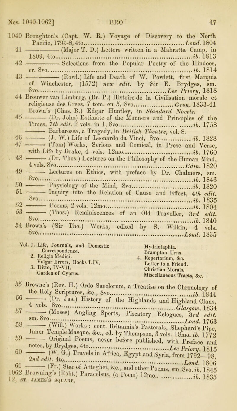 1040 Broughton’s (Capt. W. R.) Voyage of Discovery to the North Pacific, 1795-8,4to Lond. 1804 (Major T. D.) Letters written in a Mahratta Camp, in 41 42 43 1809, 4to ib. 1813 Selections from the Popular Poetry of the Hindoos, cr. 8vo *6. 1814 (Rowl.) Life and Death of W. Powlett, first Marquis of Winchester, (1572) new edit, by Sir E. Brydges, sm Svo Lee Priory, 1818 44 Brouwer van Limburg, (Dr. P.) Histoire de la Civilisation morale et religieuse des Grecs, 7 tom. en 5, 8vo Gron. 1833-41 Brown’s (Chas. B.) Edgar Huntley, in Standard Novels. 45 (Dr. John) Estimate of the Manners and Principles of the Times, 7th edit. 2 vols. in 1, 8vo ib. 1758 Barbarossa, a Tragedy, in British Theatre, vol. 8. (J. W.) Life of Leonardo da Vinci, 8vo ib. 1828 (Tom) Works, Serious and Comical, in Prose and Verse, 46 47 48 49 50 51 52 53 with Life by Drake, 4 vols. 12mo ib. 1760 (Dr. Tlios.) Lectures on the Philosophy of the Human Mind, 4 vols. 8vo . Edin. 1820 Lectures on Ethics, with preface by Dr. Chalmers, sm. 8™ 1846 Physiology of the Mind, 8vo ib. 1820 Inquiry into the Relation of Cause and Effect, 4th edit. 8vo ...ib. 1835 Poems, 2 vols. 12mo ib. 1804 (Thos.) Reminiscences of an Old Traveller, 3rd edit. 8™ i84o 54 Browns (Sir Tho.) Works, edited by S. Wilkin, 4 vols. 8vo Lond. 1835 Yol. ]. Life, Journals, and Domestic Correspondence. 2. Religio Medici. Vulgar Errors, Books I-IV. 3. Ditto, IV-VII. Garden of Cyprus. Hydriotapliia. Brampton Urns. 4. Repertorium, &c. Letter to a Friend. Christian Morals. Miscellaneous Tracts, &c. 55 Browne’s (Rev. II.) Ordo Saeclorum, a Treatise on the Chronolof>T of p the Holy Scriptures, &c., 8vo ?6.1844 ~ 7 (Jr* Jas0 History of the Highlands and Highland Clans, -* (Moses) Angling Sports, Piscatory Eclogues, 3rd edit. T (Will.) Works : cont. Britannia’s Pastorals, Shepherd’s Pipe, Inner Temple Masque, Ac., ed. by Thompson, 3 vols. 18mo. ib. 1772 —— Original Poems, never before published, with Preface and notes, by Brydges, 4to Lee Priory, 1815 —— (VV. &.) Travels in Africa, Egypt and Syria, from 1792—98 2nd edit. 4to....,» L d 1 80C 1 nr9 V  t,ar of‘ Attegheg &c., and other Poems, sm. 8vo. ib. 1845 1062 Browning s (Robt.) Paracelsus, (a Poem) 12mo.. ib 1 12, ST. James’s square, 1000 57 58 59 60 61