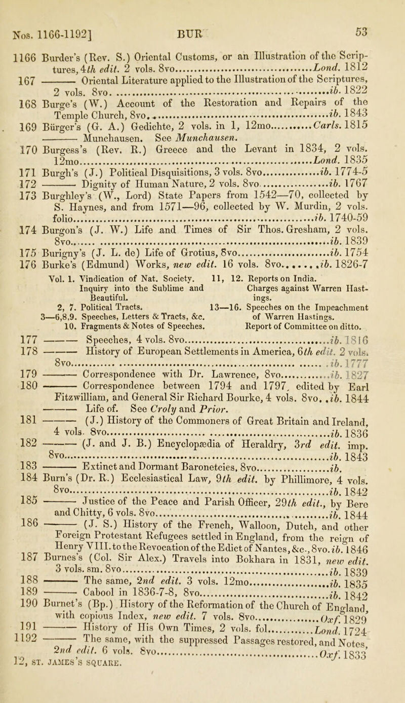 11G6 Burder’s (Rev. S.) Oriental Customs, or an Illustration of tlic Scrip- tures, 4/6 edit. 2 vols. 8vo Lond. 1812 167 Oriental Literature applied to the Illustration of the Scriptures, 2 vols. 8vo yib. 1822 168 Burge’s (W.) Account of the Restoration and Repairs of the Temple Church, 8vo.* ib. 1843 169 Burger’s (G. A.) Gedichte, 2 vols. in 1, 12mo Carls. 1815 • Munchausen. See Munchausen. 170 Burgess’s (Rev. R.) Greece and the Levant in 1834, 2 vols. 12mo .....Lond. 1835 171 Burgh’s (J.) Political Disquisitions, 3 vols. 8vo 26.1774-5 172 Dignity of Human Nature, 2 vols. 8vo, ib. 1767 173 Burgliley’s (W., Lord) State Papers from 1542—70, collected by S. Haynes, and from 1571—96, collected by W. Murdin, 2 vols. folio ib. 1740-59 174 Burgon’s (J. W.) Life and Times of Sir Thos. Gresham, 2 vols. 8vo ib. 1839 175 Burigny’s (J. L. de) Life of Grotius, 8vo 26.1754 176 Burke’s (Edmund) Works, new edit. 16 vols. 8vo ib. 1826-7 Yol. 1. Vindication of Nat. Society. 11, 12. Reports on India. Inquiry into the Sublime and Charges against Warren Hast- BeautifuL ings. 2, 7. Political Tracts. 13—16. Speeches on the Impeachment 3—6,8,9. Speeches, Letters & Tracts, &c. of Warren Hastings. 10. Fragments & Notes of Speeches. Report of Committee on ditto. 177 Speeches, 4 vols. 8vo 2*6.1816 178 History of European Settlements in America, 6th edit. 2 vols. 8vo 26.1777 179 Correspondence with Dr. Lawrence, 8vo ib. 1827 180 — Correspondence between 1794 and 1797, edited by Earl Fitzwilliam, and General Sir Richard Bourke, 4 vols. 8vo, ,2*6. 1844 Life of. See Croly and Prior. 181 (J.) History of the Commoners of Great Britain and Ireland, 4 vols. 8vo 2*6.1836 182 (J. and J. B.) Encyclopaedia of Heraldry, 3rd edit. imp. 8vo ib. 1843 183 Extinct and Dormant Baronetcies, 8vo ib. 184 Burn’s (Dr. R.) Ecclesiastical Law, 9th edit, by Phillimore, 4 vols. __ 8vo 2*6.1842 185 Justice of the Peace and Parish Officer, 29th edit., by Bere and Chitty, 6 vols. 8vo a, 1844 186 (J. S.) History of the French, Walloon, Dutch, and other Foreign Protestant Refugees settled in England, from the reign of Henry VIII. to the Revocation of the Edict of Nantes, &c.,8vo.2*6.&1 846 187 Burnes’s (Col. Sir Alex.) Travels into Bokhara in 1831, new edit. 3 vols. sm. 8vo ^ 1339 188 The same, 2nd edit. 3 vols. 12mo ib 1835 189 Cabool in 1836-7-8, 8vo .S'.'.ib. 1842 190 Burnet’s (Bp.) History of the Reformation of the Church of England, with copious Index, new edit. 7 vols. 8vo 0.r/' 1829* 191 History of His Own Times, 2 vols. fol Lond. 1724 1192 The same, with the suppressed Passages restored, and Notes 2nd edit. 6 vols. 8vo Ox/. 1833