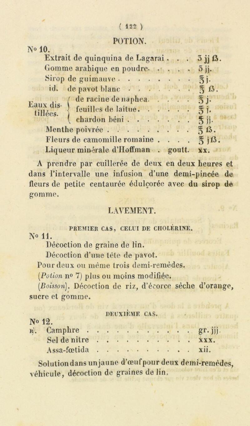 POTION. N» 10. Extrait de quinquina de Lagarai. . . 5 jj £5. Comme arabique en poudre- . •Z • • . . . o jj. Sirop de guimauve • • • Si* id. de pavot blanc .... • • . 5 a. ( de racine de naphea. . tnr*'S 1 feuiHes de laitue. . . ■ ■ • 5 j- • • • Si. ( chardon béni .... Menthe poivrée . . . g a. Fleurs de camomille romaine . ■ ■ ■ 0)13- Liqueur minérale d’Hoffman . goutt. XX. A prendre par cuillerée de deux en deux heures et dans l’intervalle une infusion d’une demi-pincée de fleurs de petite centaurée édulcorée avec du sirop de gomme. LAVEMENT. PREMIER CAS, CELUI DE CHOLERINE. No 11. Décoction de graine de lin. Décoction d’une tête de pavot. Pour deux ou même trois demi-remèdes. (.Potion n° 7) plus ou moins modifiée. [Boisson). Décoction de riz, d’écorce sèche d’orange, sucre et gomme. DEUXIÈME CAS. No 12. r). Camphre gr. jjj. Seldenitre xxx. Assa-fœtida xii. Solutiondansunjaune d’œufpour deux demi-remèdes, véhicule, décoction de graines de lin.