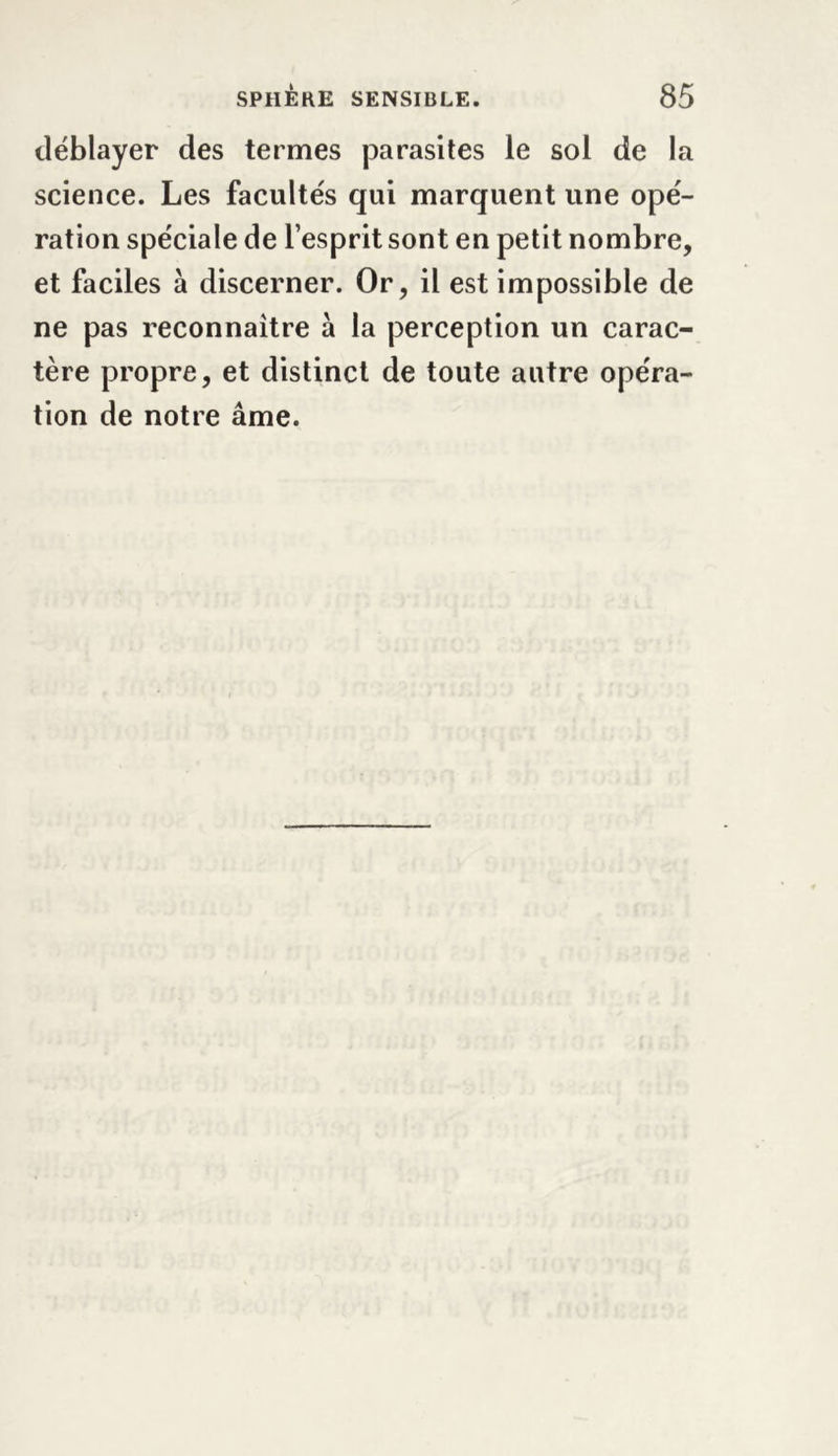 déblayer des termes parasites le sol de la science. Les facultés qui marquent une opé- ration spéciale de l’esprit sont en petit nombre, et faciles à discerner. Or, il est impossible de ne pas reconnaître à la perception un carac- tère propre, et distinct de toute autre opéra- tion de notre âme.