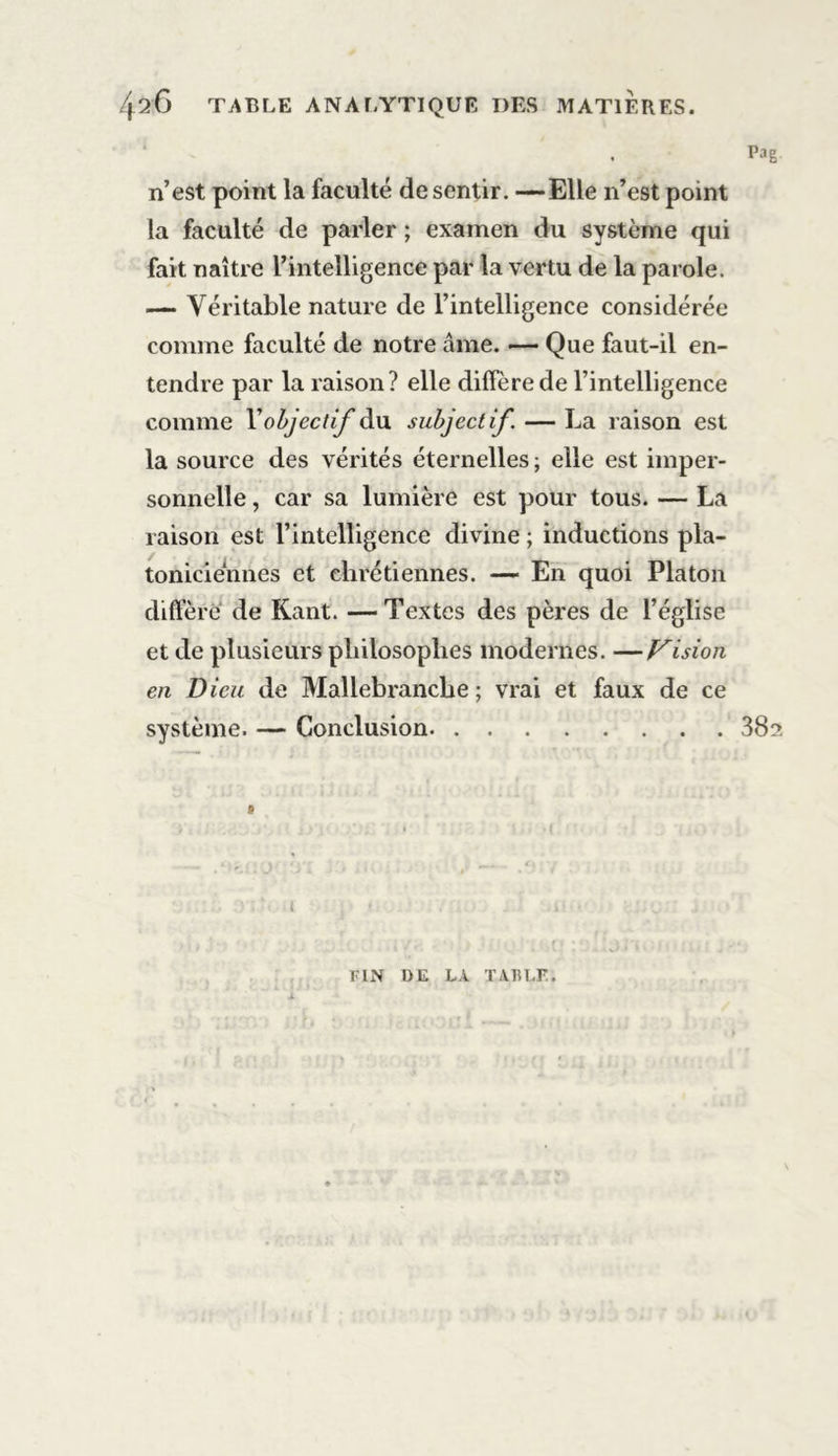 n’est point la faculté de sentir. —Elle n’est point la faculté de parler ; examen du système qui fait naître l’intelligence par la vertu de la parole. — Véritable nature de l’intelligence considérée comme faculté de notre âme. — Que faut-il en- tendre par la raison? elle diffère de l’intelligence comme Y objectif du subjectif. — La raison est la source des vérités éternelles ; elle est imper- sonnelle , car sa lumière est pour tous. — La raison est l’intelligence divine ; inductions pla- toniciennes et chrétiennes. — En quoi Platon diffère de Kant. —Textes des pères de l’église et de plusieurs philosophes modernes. —Vision en D icu de Mallebranche ; vrai et faux de ce système. — Conclusion 38?. # FIN DE LA TABLF.