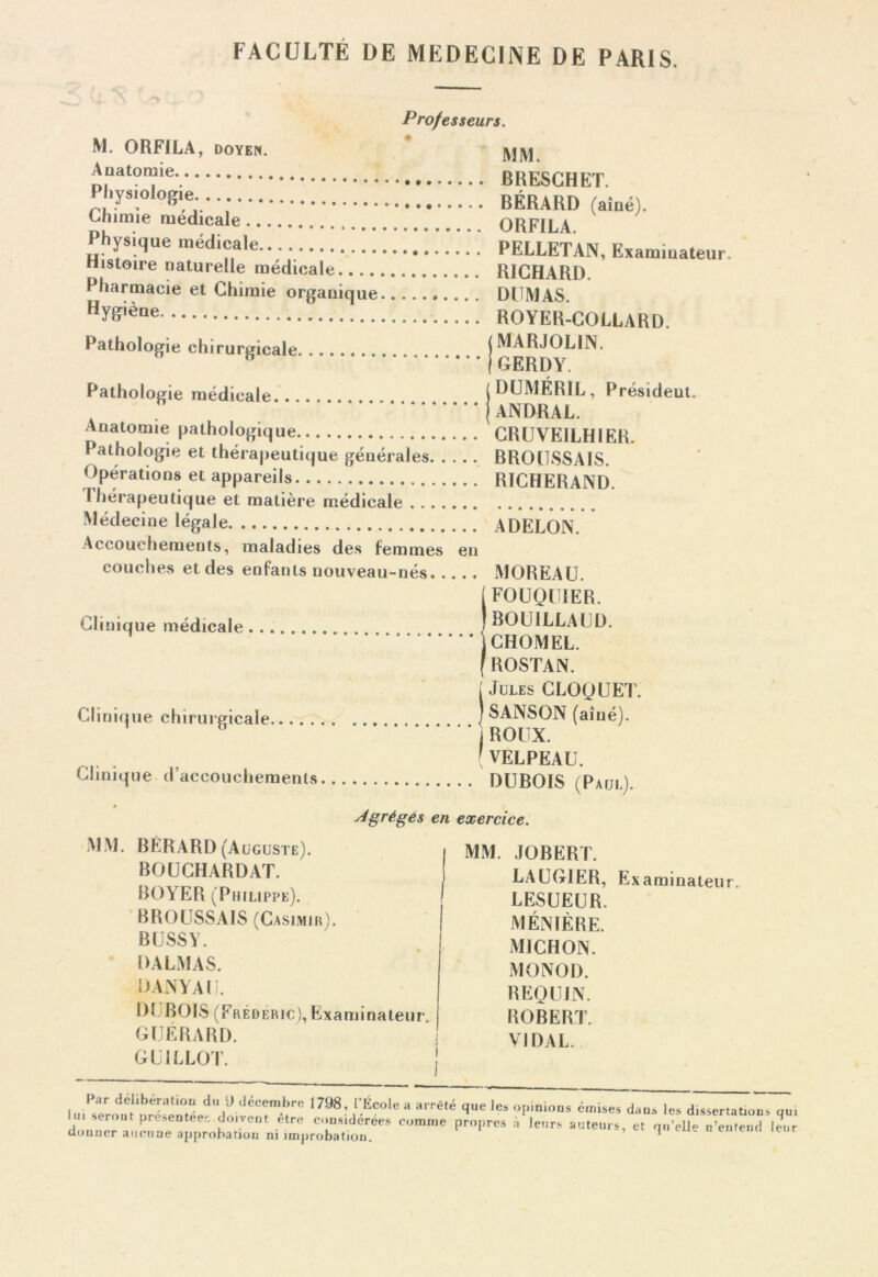 M. ORFILA, doyen. Anatomie Physiologie Chimie médicale »... Physique médicale Histoire naturelle médicale Pharmacie et Chimie organique Hygiène Professeurs. MM. BRESCHET. BÉRARD (aîné). ORFILA. PELLETAN, Examinateur. RICHARD. DUMAS. ROYER-COLLARD. Pathologie chirurgicale .. . (MARJOLIN. 8 | GERDY. Pathologie médicale (DUMERIL, Président. . j ANDRAL. Anatomie pathologique CRUVEILHIER. Pathologie et thérapeutique générales BROUSSAIS. Opérations et appareils RICHERAND. 1 hérapeutique et matière médicale Médecine légale ADELON. Accouchements, maladies des femmes en couches et des enfants nouveau-nés MOREAU. (FOUQUIER. Clinique médicale ' SOUILLAUD. CHOMEL. [ROSTAN. i Jules CLOQUET. Clinique chirurgicale I SANSON (aîné). i ROUX. f VELPEAU. Clinique d’accouchements DUBOIS (Paui.). Agrégés en exercice. MM. BÉRARD (Auguste). BOUCHARDAT. BOYER (Philippe). BROUSSAIS (Casimir). BUSSY. DALMAS. DANYAU. DI BOIS (Frédéric),Examinateur. GUÉRARD. GU ILLOT. MM. JOBERT. LAUGIER, Examinateur. LESUEUR. MÉNIÈRE. M1CHON. MONOD. REQUIN. ROBERT. VIDAL. Par délibération du U décembre 1798, l’École a arrête que le, opinions émises dans les dissertât,oi lu. seront présentée, do.vent être considérées comme propres à leurs auteurs, et qn’elle n’enfem douncr aucune approbation ni improbation. qui eur