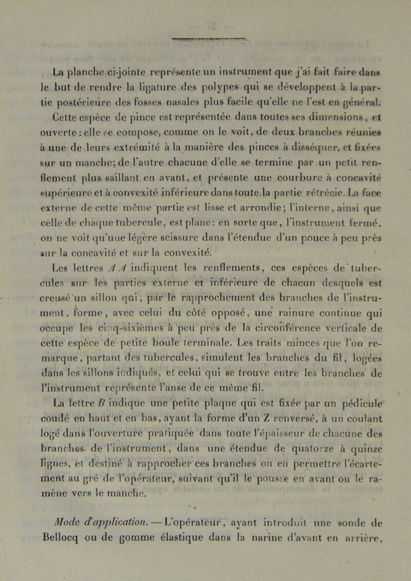 La planche ci-jointe représente un instrument que j’ai fait faire dans le but de rendre la ligature des polypes qui se développent à la par- tie postérieure des fosses nasales plus facile qu’elle ne l’est en général. Cette espèce de pince est représentée dans toutes ses dimensions, et ouverte : elle se compose, comme on le voit, de deux branches réunies à une de leurs extrémité à la manière des pinces à disséquer, et fixées sur un manche; de l’autre chacune d’elle se termine par un petit ren- flement plus saillant en avant, et présente une courbure à concavité supérieure et à convexité inférieure dans toute la partie rétrécie. La face externe de cette même partie est lisse et arrondie; l'interne, ainsi que celle de charpie tubercule, est plane: en sorleque, l'instrument fermé, on ne voit qu’une légère scissure dans l’étendue d’un pouce à peu près sur la concavité et sur la convexité. Les lettres AA indiquent les renflements, ces espèces de'tuber- cules sur les parties externe et inférieure de chacun desquels est creusé un sillon qui, par le rapprochement des branches de l’instru- ment, forme, avec celui du côté opposé, une rainure continue qui occupe les ci q-sixièmes à peu près de la circonférence verticale de cette espèce de petite boule terminale. Les traits minces que l'on re- marque, partant des tubercules, simulent les branches du fil, logées dans les sillons indiqués, et celui qui se trouve entre les branches de l’instrument représente Tanse de ce même fil. La lettre/? indique une petite plaque qui est fixée par un pédicule coudé en haut et en bas, ayant la forme d’un Z renversé, à un coulant logé dans l’ouverture pratiquée dans toute l’épaisseur de chacune des branches de l’instrument, dans une étendue de quatorze à quinze lignes, et destiné à rapprocher ces branches ou en permettre l’écarte- ment au gré de l’opérateur, suivant qu’il le pousse en avant ou le ra- mène vers le manche. * * Mode dapplication. — L’opérateur, ayant introduit une sonde de Bellocq ou de gomme élastique dans la narine d’avant en arrière,