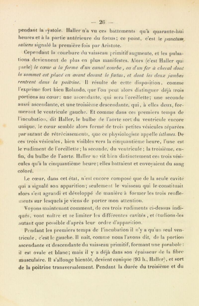 pendant la systole, Haller n a vu ces battements qu’à quaranle-hui heures et à la partie antérieure du fœtus; ce point, c’est le punctum saliens signalé la première fois par Aristote. Cependant la courbure du vaisseau primitif augmente, et les pulsa- tions deviennent de plus en plus manifestes. Alors (c’est Haller qui parle) le cœur a la forme d'un canal courbe} ou d'un fer à cheval dont, le sommet est placé en avant devant le fœtus, et dont les deux Jambes rentrent dans la poitrine. Il résulte de cette disposition, comme I exprime fort bien Rolando, que l’on peut alors distinguer déjà trois portions au cœur: une ascendante, qui sera l'oreillette; une seconde aussi ascendante, et une troisième descendante, qui, à elles deux, for- meront le ventricule gauche. Et comme dans ces premiers temps de l’incubation, dit Haller, le bulbe de l’aorte sort du ventricule encore unique, le cœur semble alors formé de trois petites vésicules séparées par autant de rétrécissements, que ce physiologiste appelle isthmes. De ces trois vésicules, bien visibles vers la cinquantième heure, l’une est le rudiment de l’oreillette; la seconde, du ventricule; la troisième, en- fin, du bulbe de l’aorte. Haller ne vit bien distinctement ces tr ois vési- cules qu’à la cinquantième heure; elles battaient et envoyaient du sang coloré. Le cœur, dans cet état, n’est encore composé que de la seule cavité qui a signalé son apparition; seulement le vaisseau qui le constituait alors s’est agrandi et développé de manière à former les trois renfle- ments sur lesquels je viens de porter mon attention. Voyons maintenant comment, de ces trois rudiments ci-dessus indi- qués, vont naître et se limiter les différentes cavités , et étudions-les autant que possible d’après leur ordre d’apparition. Pendant les premiers temps de l’incubation il n’y a qu’un seul ven- tricule, c’est le gauche. Il naît, comme nous l’avons dit, de la portion ascendante et descendante du vaisseau primitif, formant une parabole: il est ovale et blanc; mais il y a déjà dans son épaisseur de la fibre musculaire. Il s’allonge bientôt, devient conique (93 h., Haller), et sort de la poitrine transversalement. Pendant la durée du troisième et du