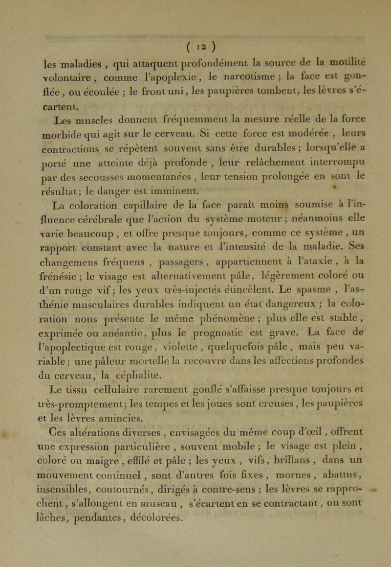 les maladies , qui attaquent profondément la source de la motilité volontaire, comme l’apoplexie, le narcotisme ; la face est gon- flée, ou écoulée ; le front uni, les paupières tombent, les lèvres s’é- cartent. Les muscles donnent fréquemment la mesure réelle de la force morbide qui agit sur le cerveau. Si cette force est modérée , leurs contractions se répètent souvent sans être durables ; lorsqu’elle a porté une atteinte déjà profonde , leur relâchement interrompu par des secousses momentanées , leur tension prolongée en sont le résultat; le danger est imminent. La coloration capillaire de la face paraît moins soumise à l’in- fluence cérébrale que l’action du système moteur ; néanmoins elle varie beaucoup , et offre presque toujours, comme ce système , un rapport constant avec la nature et l’intensité de la maladie. Ses cliangemens fréquens , passagers , appartiennent à l’ataxie , à la frénésie ; le visage est alternativement pâle, légèrement coloré ou d’un rouge vif ; les yeux très-injectés étincèlent. Le spasme , l’as- thénie musculaires durables indiquent un état dangereux ; la colo- ration nous présente le même phénomène ; plus elle est stable , exprimée ou anéantie, plus le pi’ognostic est grave. La face de l’apoplectique est rouge, violette, quelquefois pâle , mais peu va- riable ; une pâleur mortelle la recouvre dans les affections profondes du cerveau, la céphalite. Le tissu cellulaire rarement gonflé s’affaisse presque toujours et très-promptement; les tempes et les joues sont creuses, les paupières et les lèvres amincies. Ces altérations diverses , envisagées du même coup d’œil , offrent une expression particulière , souvent mobile ; le visage est plein , coloré ou maigre , effilé et pâle ; les yeux , vifs, brillans , dans un mouvement continuel , sont d’autres fois fixes, mornes, abattus, insensibles, contournés, dirigés à contre-sens ; les lèvres se rappro- chent , s’allongent en museau , s’écartent en se contractant, ou sont lâches, pendantes, décolorées.