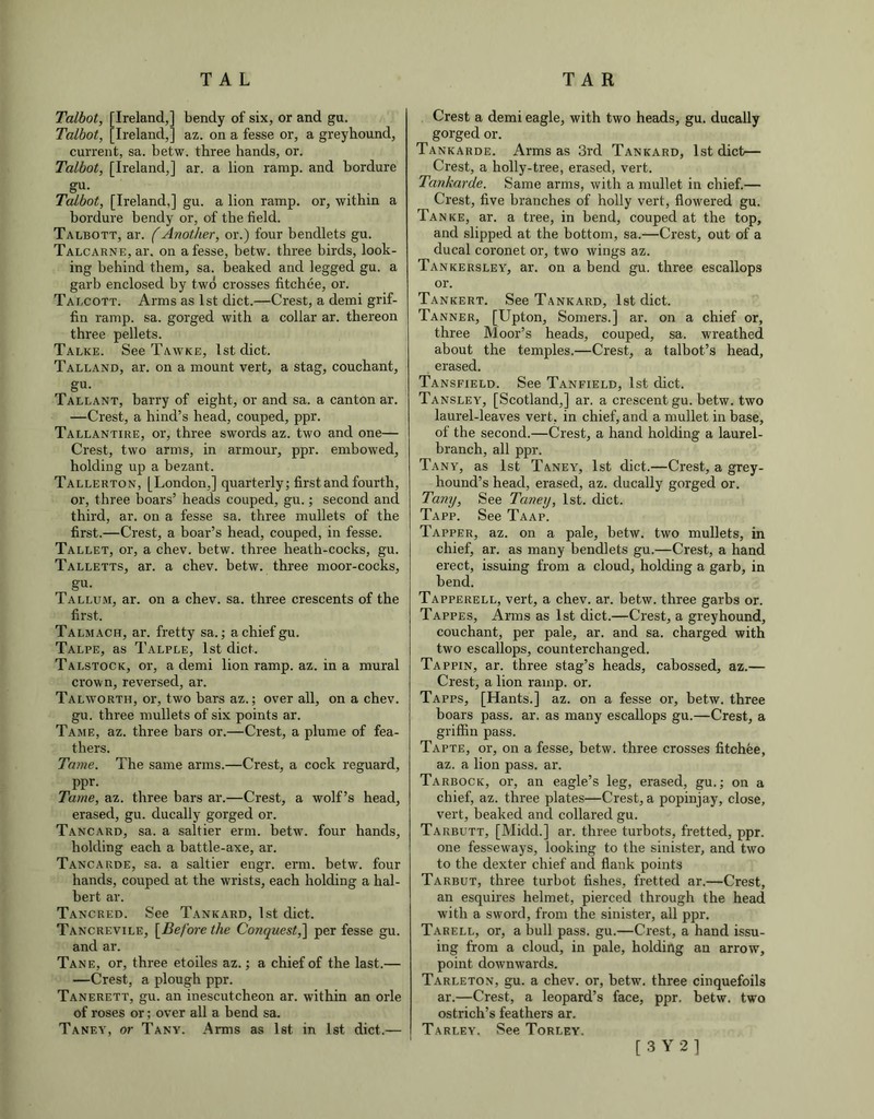 Talbot, [Ireland,] bendy of six, or and gu. Talbot, Ireland,] az. on a fesse or, a greyhound, current, sa. betw. three hands, or. Talbot, [Ireland,] ar. a lion ramp, and bordure su- Talbot, [Ireland,] gu. a lion ramp, or, within a bordure bendy or, of the field. Talbott, ar. (Another, or.) four bendlets gu. TALCARNE,ar. on a fesse, betw. three birds, look- ing behind them, sa. beaked and legged gu. a garb enclosed by two crosses fitchee, or. Talcott. Arms as 1st diet.—Crest, a demi grif- fin ramp. sa. gorged with a collar ar. thereon three pellets. Talke. See Tawke, 1st diet. Talland, ar. on a mount vert, a stag, couchant, gu. Tallant, barry of eight, or and sa. a canton ar. —Crest, a hind’s head, couped, ppr. Tallantire, or, three swords az. two and one— Crest, two arms, in armour, ppr. embowed, holding up a bezant. Tallerton, [London,] quarterly; first and fourth, or, three boars’ heads couped, gu.; second and third, ar. on a fesse sa. three mullets of the first.—Crest, a boar’s head, couped, in fesse. Tallet, or, a chev. betw. three heath-cocks, gu. Talletts, ar. a chev. betw. three moor-cocks, gu. Tallum, ar. on a chev. sa. three crescents of the first. Talmach, ar. fretty sa.; a chief gu. Talpe, as Talple, 1st diet. Talstock, or, a demi lion ramp. az. in a mural crown, reversed, ar. Talworth, or, two bars az.; over all, on a chev. gu. three mullets of six points ar. Tame, az. three bars or.—Crest, a plume of fea- thers. Tame. The same arms.—Crest, a cock reguard, ppr. Tame, az. three bars ar.—Crest, a wolf’s head, erased, gu. ducally gorged or. Tancard, sa. a saltier erm. betw. four hands, holding each a battle-axe, ar. Tancarde, sa. a saltier engr. erm. betw. four hands, couped at the wrists, each holding a hal- bert ar. Tancred. See Tankard, 1st diet. Tancrevile, [Before the Conquest,] per fesse gu. and ar. Tane, or, three etoiles az.; a chief of the last.— —Crest, a plough ppr. Tanerett, gu. an inescutcheon ar. within an orle of roses or; over all a bend sa. Taney, or Tany. Arms as 1st in 1st diet.— Crest a demi eagle, with two heads, gu. ducally gorged or. Tankarde. Arms as 3rd Tankard, 1st diet— Crest, a holly-tree, erased, vert. Tankarde. Same arms, with a mullet in chief.— Crest, five branches of holly vert, flowered gu. Tanke, ar. a tree, in bend, couped at the top, and slipped at the bottom, sa.—Crest, out of a ducal coronet or, two wings az. Tankersley, ar. on a bend gu. three escallops or. Tankert. See Tankard, 1st diet. Tanner, [Upton, Somers.] ar. on a chief or, three Moor’s heads, couped, sa. wreathed about the temples.—Crest, a talbot’s head, erased. Tansfield. See Tanfield, 1st diet. Tansley, [Scotland,] ar. a crescent gu. betw. two laurel-leaves vert, in chief, and a mullet in base, of the second.—Crest, a hand holding a laurel- branch, all ppr. Tany, as 1st Taney, 1st diet.—Crest, a grey- hound’s head, erased, az. ducally gorged or. Tany, See Taney, 1st. diet. Tapp. See Taap. Tapper, az. on a pale, betw. two mullets, in chief, ar. as many bendlets gu.—Crest, a hand erect, issuing from a cloud, holding a garb, in bend. Tapperell, vert, a chev. ar. betw. three garbs or. Tappes, Arms as 1st diet.—Crest, a greyhound, couchant, per pale, ar. and sa. charged with two escallops, counterchanged. Tappin, ar. three stag’s heads, cabossed, az.— Crest, a lion ramp. or. Tapps, [Hants.] az. on a fesse or, betw. three boars pass. ar. as many escallops gu.—Crest, a griffin pass. Tapte, or, on a fesse, betw. three crosses fitchee, az. a lion pass. ar. Tarbock, or, an eagle’s leg, erased, gu.; on a chief, az. three plates—Crest, a popinjay, close, vert, beaked and collared gu. Tarbutt, [Midd.] ar. three turbots, fretted, ppr. one fesseways, looking to the sinister, and two to the dexter chief and flank points Tarbut, three turbot fishes, fretted ar.—Crest, an esquires helmet, pierced through the head with a sword, from the sinister, all ppr. Tarell, or, a bull pass. gu.—Crest, a hand issu- ing from a cloud, in pale, holding an arrow, point downwards. Tarleton, gu. a chev. or, betw. three cinquefoils ar.—Crest, a leopard’s face, ppr. betw. two ostrich’s feathers ar. Tarley. See Torley.