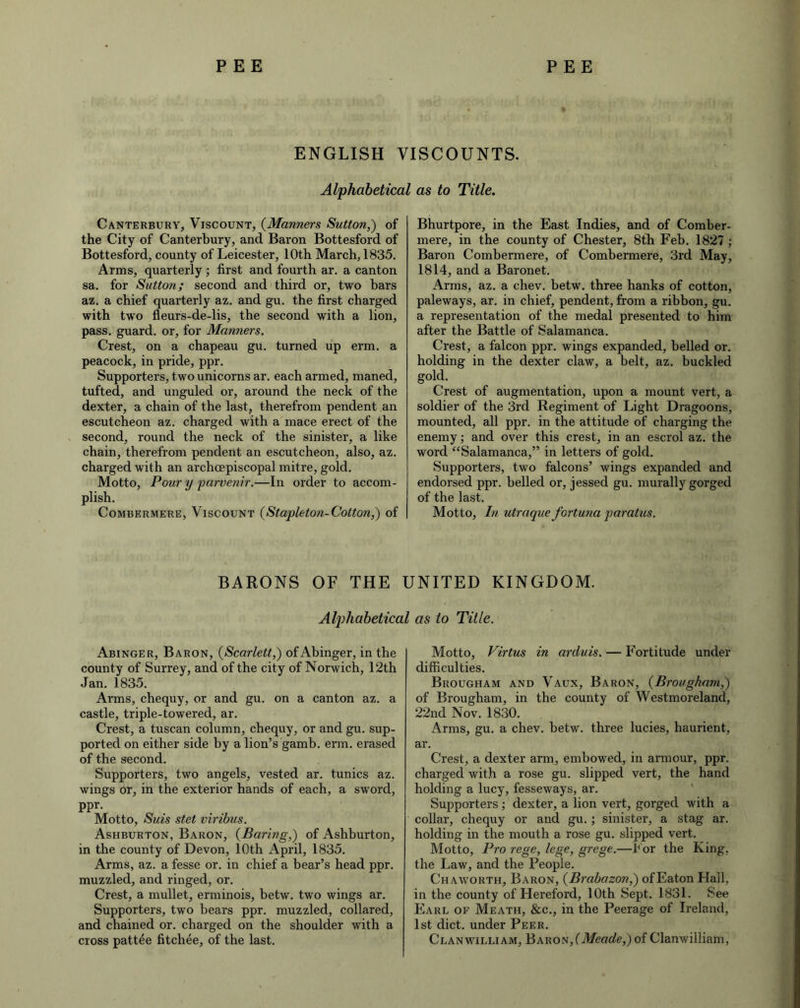 ENGLISH VISCOUNTS. Alphabetical as to Title. Canterbury, Viscount, (Manners Sutton,) of the City of Canterbury, and Baron Bottesford of Bottesford, county of Leicester, 10th March, 1835. Arms, quarterly ; first and fourth ar. a canton sa. for Sutton; second and third or, two bars az. a chief quarterly az. and gu. the first charged with two fleurs-de-lis, the second with a lion, pass, guard, or, for Manners. Crest, on a chapeau gu. turned up erm. a peacock, in pride, ppr. Supporters, two unicorns ar. each armed, maned, tufted, and unguled or, around the neck of the dexter, a chain of the last, therefrom pendent an escutcheon az. charged with a mace erect of the second, round the neck of the sinister, a like chain, therefrom pendent an escutcheon, also, az. charged with an archcepiscopal mitre, gold. Motto, Pour y parvenir.—In order to accom- plish. Combermere, Viscount {Stapleton- Cotton,) of Bhurtpore, in the East Indies, and of Comber- mere, in the county of Chester, 8th Feb. 1827 ; Baron Combermere, of Combermere, 3rd May, 1814, and a Baronet. Arms, az. a chev. betw. three hanks of cotton, paleways, ar. in chief, pendent, from a ribbon, gu. a representation of the medal presented to him after the Battle of Salamanca. Crest, a falcon ppr. wings expanded, belled or. holding in the dexter claw, a belt, az. buckled gold. Crest of augmentation, upon a mount vert, a soldier of the 3rd Regiment of Light Dragoons, mounted, all ppr. in the attitude of charging the enemy; and over this crest, in an escrol az. the word “Salamanca,” in letters of gold. Supporters, two falcons’ wings expanded and endorsed ppr. belled or, jessed gu. murally gorged of the last. Motto, In utraque fortuna paratus. BARONS OF THE UNITED KINGDOM. Alphabetical as to Title. Abinger, Baron, {Scarlett,) of Abinger, in the county of Surrey, and of the city of Norwich, 12th Jan. 1835. Arms, chequy, or and gu. on a canton az. a castle, triple-towered, ar. Crest, a tuscan column, chequy, or and gu. sup- ported on either side by a lion’s gamb. erm. erased of the second. Supporters, two angels, vested ar. tunics az. wings or, in the exterior hands of each, a sword, PPr- Motto, Suis stet viribus. Ashburton, Baron, {Baring,) of Ashburton, in the county of Devon, 10th April, 1835. Arms, az. a fesse or. in chief a bear’s head ppr. muzzled, and ringed, or. Crest, a mullet, erminois, betw. two wings ar. Supporters, two bears ppr. muzzled, collared, and chained or. charged on the shoulder with a cross patt£e fitchee, of the last. Motto, Virtus in arduis. — Fortitude under difficulties. Brougham and Vaux, Baron, {Brougham,) of Brougham, in the county of Westmoreland, 22nd Nov. 1830. Arms, gu. a chev. betw. three lucies, haurient, ar. Crest, a dexter arm, embowed, in armour, ppr. charged with a rose gu. slipped vert, the hand holding a lucy, fesseways, ar. Supporters ; dexter, a lion vert, gorged with a collar, chequy or and gu.; sinister, a stag ar. holding in the mouth a rose gu. slipped vert. Motto, Pro rege, lege, grege.—f or the King, the Law, and the People. Chaworth, Baron, {Brabazon,) of Eaton Hail, in the county of Hereford, 10th Sept. 1831. See Earl of Meath, &c., in the Peerage of Ireland, 1st diet, under Peer. Clanwili.iam, Baron,(Meade,)of Clanwilliani,