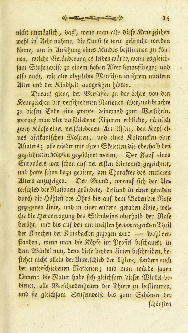 nid)f immogHrf), mentt man nKe bitfe ^cnn^dd^en K»o^I in 'J(c{)t ntt^mc, bic.^unt'i fo voeit 9ckacl;t meibcn fonne, urn in 7(nfe^iing einc3 ^inbeö bei?immen ju fon» nen, mclcbe ^-öeranbrning e6 leiben mürbe, rocnn edgleid)» fam 0tufenmcife einem ^o^en Pilfer f^innufftiege: unb alfo aud), mic alte obgelebte 9J?fnfd)en in if;rem mittlevn filter unb ber ivinb^eit ausgcfel^en fatten. ^Darauf gieng beu il>ci’faf]>r ju ber ^e^re t)on ben ^ennjeid)cn ber t>erfd)iebenen97ütionen über, unb brad)te ju biefen ^nbe cine jmei^fc ieinmnnb ^um QSorfd)ein, morouf man \)fer t*erfd)iebene Figuren erblicfte, ndmiid) gmei; i?6pfe einer t)erfd;iebcnen '^rt '2(ffen, 'ben d^opf ei* ne6 afrifanifd)en lUiol^i'en, unb eineö j^alnuufen ober ■JlfiaterS; alle mieber mit il^ren ©feierten,bie obevffolb ben ge3fid)neten 5^6pfen gcjeicbnet maven. £)er ^opf eineö ^uropderö mar fc^on auf ber erjlen iemmanb|gejeid)ncf, unb ^atfe fd;on ba^u gebient, ben ^f;araffer be6 miticren Tflterö anjujeigen. $Der ©runb, morauf fid; ber tin» terfd)ieb berDtotionen grünbete, beftunb in einer geroben burd) bie ».^of^len beß £)l^rö biß ouf bem Soben ber Stofe gezogenen linie, unb in einer anbern geroben linie, mel» d)e bie ^erüorrogung beß ©firnbeinß oberhalb ber SRofe beruht; unb biß auf ben am meiften ^eimorrogenben'^l^eil ber ^nod)en ber ^innboden gezogen mirb — mol;l ner- jtanben, menn man bie ^opfe im ^rofiel befd;nuef; in bem ‘iJBinfel nun, benn biefe bepben dnien befdireiben^ be.- fief^et nic^t allein ber Untcrfd)ieb ber ‘^f^iere, fonbernaud) ber unterfc^iebenen SRotionen; unb man mürbe fagen fönnen: bie Slatur ^abe fid) gleid}fam biefer 5Blnfcl be. bienet, olle R3erfd;iebenf;eiten ber X^iere ju beftimmen, unb fie gleid^fam ©tufenmeifc biß ^um ©ebünen brr fd;ür.)ien
