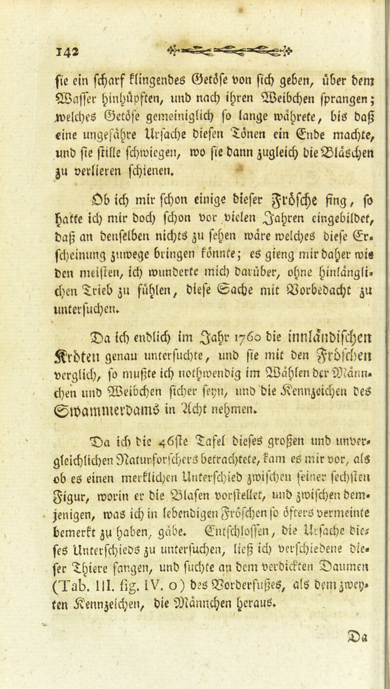 fic ein f^arf ffingenbeö @eü6fe t)on ftc^ gcBen, uOer benj fpini)iipffen/ imb nad? if;rcn ®ei6d)en fprangen; .n)e(d}eö ©etöfe geinctnigltd) fo lange mdf^refe, biö ba^ eine ungefähre Urjad)c biefen “^onen ein ©nbc mad)fe, «nb [iß Ittfle fd)n)ic9cn, roo fie bann ^ugleic^ bie^Idöd;en ju neilieren fc^ienen. 06 ic5 mir fd)on einige biefer fing, fo Jaffß id) mir bod) fd)on ocr nieten ^al^ren cingebitbef, bap an benfelbcn nid)tö fe^en rodre n)eld)eö biefe ©r. fdieimmg ^nroege bringen fonnfe; eö gieng mirba^cr roiö ben meijlen, id) roimberte mid) baruber, o^ne §inldng(i* d)cn'$:rieb 311 fubten, biefe ©acbe mit ‘^orbebac^C imterfud)eiu T)a id) enbtid) im innIdnbifd)Clt 5l’rbteil genau iinterfud)fe, unb fie mit ben 5^*rofri)eil ncrglid), fo mu^te icb notf^inenbig im ^d^ten ber CHidrin. cl}e’n unb ®eibd)en fidier fei;n, unb bie 5vennieid)en beö 0lt>amnievbam6 in ‘^(d)t nehmen» 't)a td) bic 46jle '$:afet biefeö großen unb unbrr* g(eid)tid)en 97afurforfd}ci'!S betrad)tete, ^am egmirnor, atg ob eö einen merftid)eri Unferfd)ieb 5n)ifd)en feiner fed})Ieu 0igur, morin er bie ^23lafen nor|lettet, unb 5n?ifd)en bem« jenigen, maß ic^in [ebenbigen^r6fd)enfo ofterönermeinte bemerft ju fpaben, gäbe. Q:mfd)Ioffen, bie Uifad)c bie; feg Unterfebiebg ^u unterfud)en, tic^ id) V)crfd)iebene bie- fer ^t)iere fangen, unb fud)fe an bem nerbieften S^aumen (Tab. 111. big. IV. o) beg55orberfiif}eg, afg bemjroei;- (cn 5venn|eid)ßn, bie 2)idnnc^en t^craug.