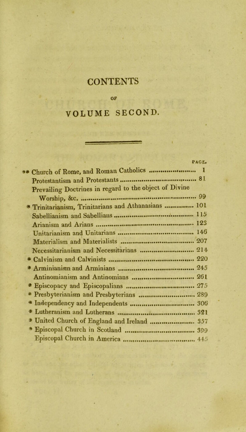 CONTENTS OF VOLUME SECOND. ■■ 'i PAGE. ** Church of Rome, and Roman Catholics 1 Protestantism and Protestants 81 Prevailing Doctrines in regard to the object of Divine Worship, 9® * Trinitarianism, Trinitarians and Athanasians 101 Sabellianism and Sabellians 115 Arianism and Allans * 12^ Unitarianism and Unitarians 146 Materialism and Materialists 207 Necessitarianism and Necessitarians 214 * Calvinism and Calvinists 220 * Arminianism and Arminians 245 Antinomianism and Antinomians 261 * Episcopacy and Episcopalians 275 * Presbyterianism and Presbyterians 289 * Independency and Independents 306 * Lutheranism and Lutherans 321 * United Church of England and Ireland 357 * Episcopal Church in Scotland 399 Episcopal Church in America 445