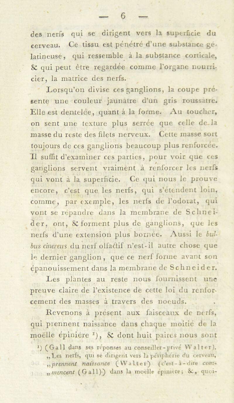 des nerfs qui se dirigent vers la superficie du cerveau. Ce tissu est penetre d’une subsiance ge- Iatineuse, qui resseinble a la subsiance coriicale, 8c qui peut etre regardee cornme l'organe nuurri- cier, la matrice des nerfs. Lorsqu’on divise ces ganglions, la coupe pre- sente une couleur jaunätre d’un gris roussaire. Elle est dentelee, quant a la forme. Au touchc-r, on sent une texture plus serree que celle de-Ja masse du reste des filets nevveux. Cette masse sort toujours de ces ganglions beaucoup plus renforcee. 11 suffit d’exaininer ces parties, pour voir que ces ganglions servent vraiment ä renforcer les nerfs qui vont a la superficie. Ce qui nous le prouve encore, c’est que les nerfs, qui s’etendent loin, cornme, par exemple, les nerfs de l’odorat, qui vont se repandre dans la membrane de Schnei- der, ont, 8c forment plus de ganglions, que les nerfs d’une extension plus bornee. Aussi le bul- bus cinereus du nerf olfadif n’est-il autre chose que le dernier ganglion, que ce nerf forme avant son epanouissement dans la membrane de Schneider. Les plantes au reste nous fournissent une preuve claire de l’existence de cette loi du renlor- cement des masses ä travers des noeuds. Revenons ä present aux faisceanx de nerfs, qui prennent naissance dans chaque moitie de la moelle epiniere x), SC dont huit paires nous sönt *) (Gail dans ses rcponses au conseiller-prive Walter). „Les nerfs, qui se dirigent vers laptiiphcrie du cerveau, ,,prennent naissance (Walter) (c’est - ä - dire com~ ,,mencent (Gail)) dans la inoclle epiniere; quui-