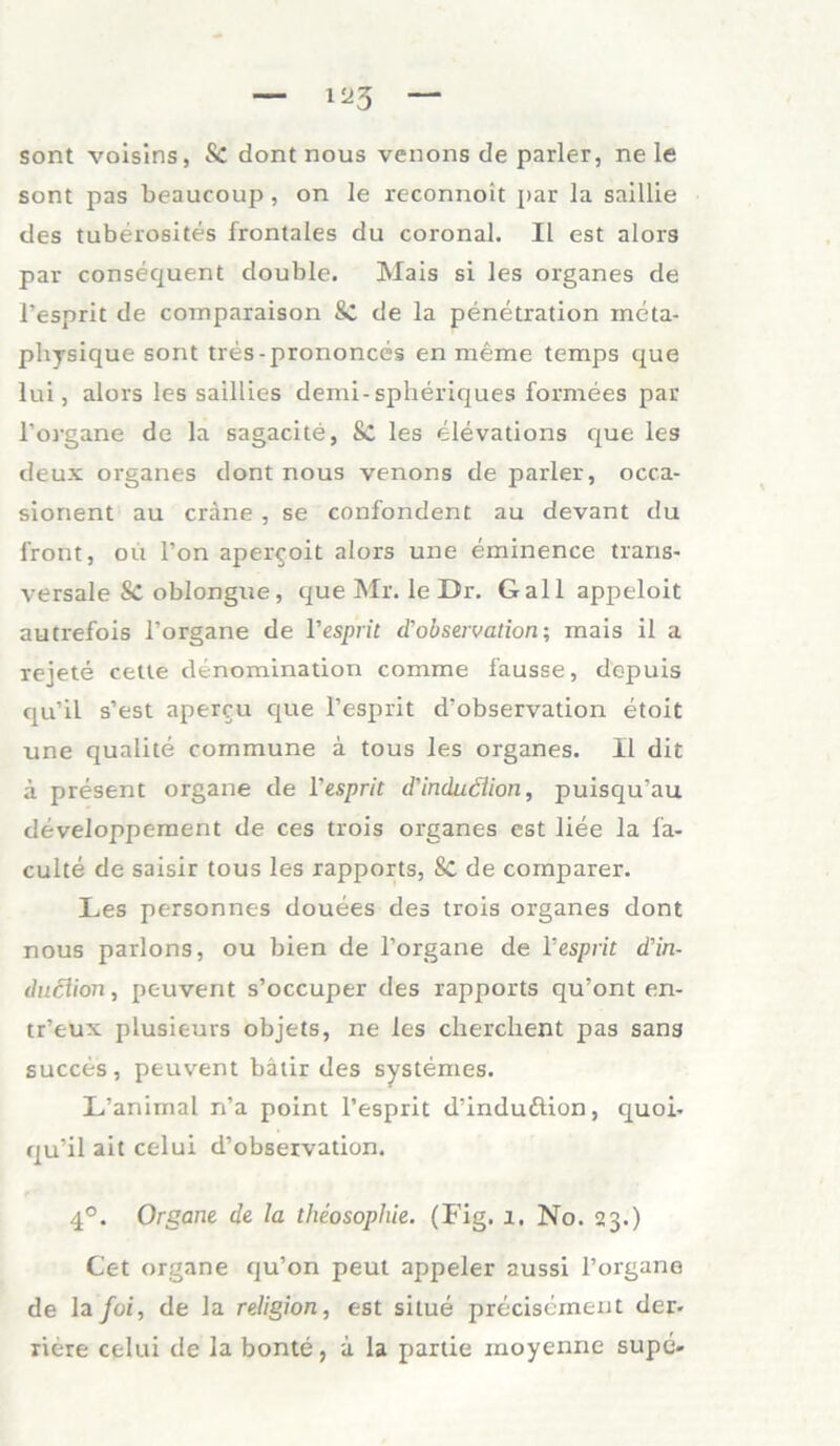 ü*5 sont voisins, & dont nous venons de parier, ne le sont pas beaucoup , on le reconnoit par la saillie des tuberosites frontales du coronal. II est alors par consequent double. Mais si les Organes de l’esprit de comparaison & de la penetration meta- physique sont tres-prononces en meine temps que lui, alors les saillies demi-spheriques formees par l’organe de la sagacite, Sc les elevations que les deux organes dont nous venons de parier, occa- sionent au cräne , se confondent au devant du front, oü l’on apercoit alors une eminence trans- versale Sc oblongue, que Mr. le Dr. Gail appeloit autrefois l’organe de Vesprit d’observation; mais il a rejete cette denomination comme fausse, depuis qu’il s’est apercu que l’esprit d'observation etoit une qualite commune a tous les organes. II dit ä present organe de Vesprit d'induciion, puisqu’au developpement de ces trois organes est liee la fa- culte de saisir tous les rapports, Sc de comparer. Les personnes douees des trois organes dont nous parlons, ou bien de l’organe de Vesprit cVin- dußion, peuvent s’occuper des rapports qu’ont en- tr’eux plusieurs objets, ne les cherclient pas sans succes, peuvent bätir des systemes. L’animal n’a point l’esprit d'induftion, cj^uoi- qu’il ait celui d’observation. 4°. Organe de la theosophie. (Fig. 1. No. 23.) Cc-t organe qu’on peut appeler aussi l’organe de la foi, de la religion, est situe precisement der. riere celui de la bonte, a la partie moyenne supe-