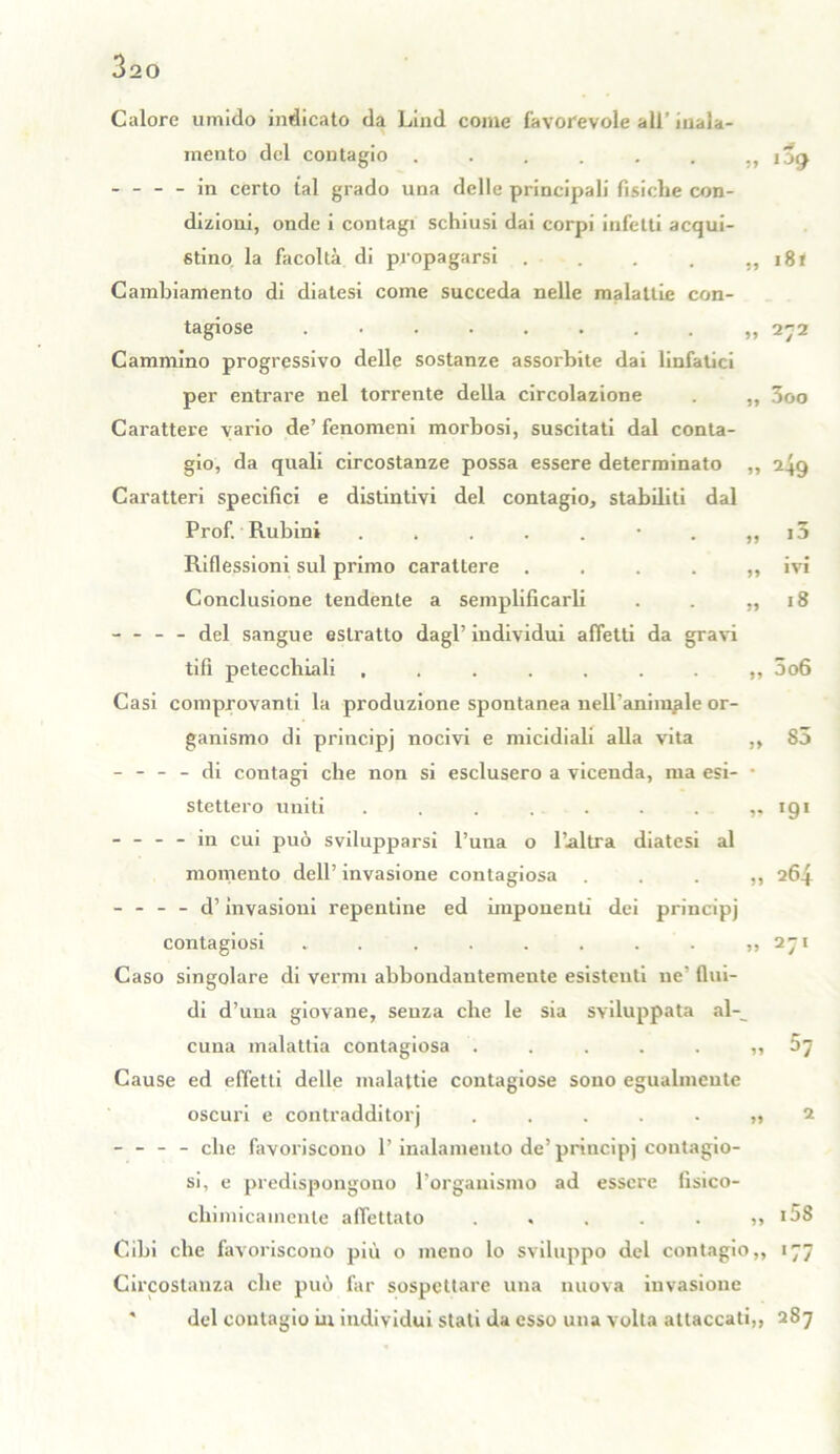 Calore umido indicato da Lind come favorevole all’ mala- mente del contagio . . . . . . ,, i~y - - - - in certo tal grado una delle principali fisiche con- dizioni, onde i contagi schiusi dai corpi infetti acqui- stino la facoltà di propagarsi . . . . ,, i8t Cambiamento di diatesi come succeda nelle malattie con- tagiose „ 272 Cammino progressivo delle sostanze assorbite dai linfatici per entrare nel torrente della circolazione . „ 3oo Carattere vario de’ fenomeni morbosi, suscitati dal conta- gio, da quali circostanze possa essere determinato „ 249 Caratteri specifici e distintivi del contagio, stabihti dal Prof. Rubini . . . . . • . „ i5 Riflessioni sul primo carattere . . . . „ ivi Conclusione tendente a semplificarli . . «18 - - - del sangue estratto dagl’ individui affetti da gravi tifi petecchiali 5o6 Casi comprovanti la produzione spontanea nell’animale or- ganismo di principj nocivi e micidiah alla vita ,, 83 - - - - di contagi che non si esclusero a vicenda, ma esi- • stettero uniti . . . . . . . „ 191 - - - - in cui può svilupparsi l’una o l’altra diatesi al momento dell’ invasione contagiosa „ 264 - - - - d’invasioni repentine ed imponenti dei principj contagiosi » . . . . . . . „ 271 Caso singolare di vermi abbondantemente esistenti ne’ flui- di d’una giovane, senza che le sia sviluppata al-_ cuna malattia contagiosa Cause ed effetti delle malattie contagiose sono egualmente oscuri e contradditorj . 2 - - - - che favoriscono 1’inalamento de’principi contagio- si, e predispongono l’organismo ad essere fisico- chimicainente affettato . . . . . ,, 158 Cibi che favoriscono più o meno lo sviluppo del contagio,, 177 Circostanza che può far sospettare una nuova invasione del contagio in individui stali da esso una volta attaccati,, 287