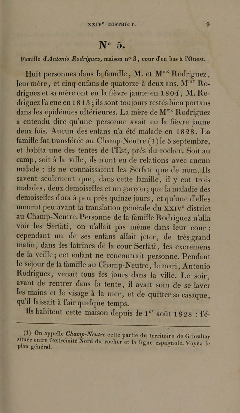 N° 5. Famille JAntonio Rodriguez, maison n° 3, cour d’en bas à l'Ouest. Huit personnes clans ïa famille, M. et MmcRodriguez, ieurmère, et cinq enfans de quatorze à deux ans. Mmc Ro- driguez et sa mère ont eu la fièvre jaune en 18 04, M. Ro- driguez l’a eue en 18 13 ; ils sont toujours restés bien portans dans les épidémies ultérieures. La mère de Mme Rodriguez a entendu dire qu’une personne avait eu la fièvre jaune deux fois. Aucun des enfans n’a été malade en 18 28. La famille fut transférée au Champ Neutre (l) le 5 septembre, et habita une des tentes de l’Est, près du rocher. Soit au camp, soit à ïa ville, ils n’ont eu de relations avec aucun malade : ils ne connaissaient les Serfati que de nom. Ils savent seulement que, dans cette famille, il y eut trois malades, deux demoiselles et un garçon ; que la maladie des demoiselles dura à peu près quinze jours, et qu’une d’elles mourut peu avant la translation générale du XXIVe district au Champ-Neutre. Personne de la famille Rodriguez n’alla voir les Serfati, on n’allait pas même dans leur cour : cependant un de ses enfans allait jeter, de très-grand matin, dans les latrines de la cour Serfati, les excrémens de la veille ; cet enfant ne rencontrait personne. Pendant le séjour de la famille au Champ-Neutre, le mari, Antonio Rodriguez, venait tous les jours dans la ville. Le soir, avant de rentrer dans la tente, il avait soin de se laver les mains et le visage à la mer, et de quitter sa casaque, cju’il laissait à l’air quelque temps. Ils habitent cette maison depuis le 1er août 18 28 : le- (1) On appelle Champ-Neutre cette partie du territoire de Gibraltar pUn général CXtrCm'té N°rd du rochcr et ^ ligne espagnole. Voyez le