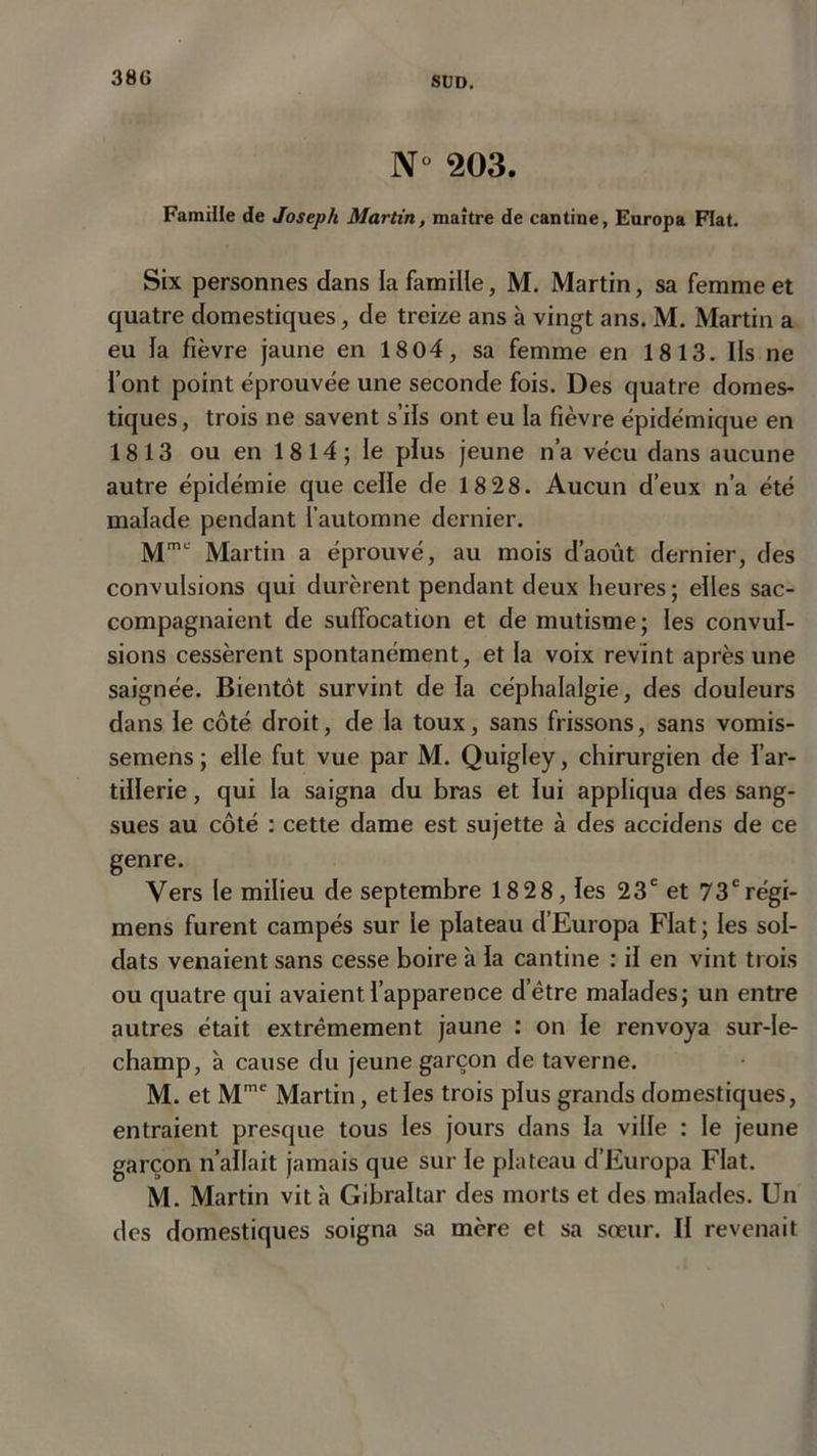 38G N° 203. Famille de Joseph Martin, maître de cantine, Europa Fiat. Six personnes dans la famille, M. Martin, sa femme et quatre domestiques, de treize ans à vingt ans. M. Martin a eu la fièvre jaune en 18 04, sa femme en 1813. Ils ne font point éprouvée une seconde fois. Des quatre domes- tiques, trois ne savent s’ils ont eu la fièvre épidémique en 1813 ou en 1814; le plus jeune n’a vécu dans aucune autre épidémie que celle de 18 28. Aucun d’eux n’a été malade pendant l’automne dernier. MmL' Martin a éprouvé, au mois d’août dernier, des convulsions qui durèrent pendant deux heures; elles sac- compagnaient de suffocation et de mutisme; les convul- sions cessèrent spontanément, et la voix revint après une saignée. Bientôt survint de la céphalalgie, des douleurs dans le côté droit, de la toux, sans frissons, sans vomis- semens; elle fut vue par M. Quigley, chirurgien de l’ar- tillerie , qui la saigna du bras et lui appliqua des sang- sues au côté : cette dame est sujette à des accidens de ce genre. Vers le milieu de septembre 18 28, les 23e et 73crégi- mens furent campés sur le plateau d’Europa Fiat; les sol- dats venaient sans cesse boire à la cantine : il en vint trois ou quatre qui avaient l’apparence d’être malades; un entre autres était extrêmement jaune : on le renvoya sur-le- champ, à cause du jeune garçon de taverne. M. et Mme Martin, et les trois plus grands domestiques, entraient presque tous les jours dans la ville : le jeune garçon n’allait jamais que sur le plateau d’Europa Fiat. M. Martin vit à Gibraltar des morts et des malades. Un des domestiques soigna sa mère et sa sœur. Il revenait