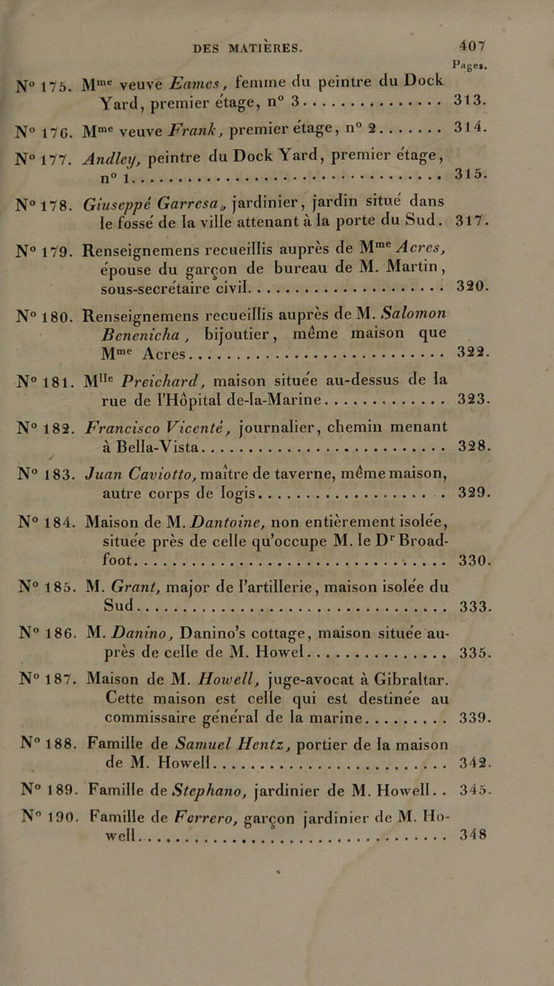 Page». N° 175. Mme veuve Eûmes, femme du peintre du Dock Yard, premier étage, n° 3 N° 17G. Mme veuve Frank, premier e'tage, n° 2 N° 177. Andlcy, peintre du Dock Yard, premier e'tage, n° 1 N°178. Giuseppe Garresau jardinier, jardin situe dans le fosse' de la ville attenant à la porte du Sud. N° 179. Renseignemens recueillis auprès de Mme Acres, épouse du garçon de bureau de M. Martin , sous-secrètaire civil N° 180. Renseignemens recueillis auprès de M. Salomon Bencniclia, bijoutier, même maison que Mme Acres N°181. MIIe Preichard, maison situe'e au-dessus de la rue de l’Hôpital de-la-Marine N° 182. Francisco Vicentê, journalier, chemin menant à Bella-Vista N° 183. Juan Caviotto, maître de taverne, même maison, autre corps de logis . N° 184. Maison de M. Dantoine, non entièrement isolée, situe'e près de celle qu’occupe M. le DrBroad- foot N° 185. M. Grant, major de l’artillerie, maison isole'e du Sud N° 186. M. Danino, Danino’s cottage, maison situe'e au- près de celle de M. Howel N° 187. Maison de M. Howell, juge-avocat à Gibraltar. Cette maison est celle qui est destinée au commissaire général de la marine N° 188. Famille de Samuel Hentz, portier de la maison de M. Howell N° 189. Famille de Stephano, jardinier de M. Howell. . N° 190. Famille de Fcrrero, garçon jardinier de M. Ho- well 313. 314. 315. 317. 320. 322. 323. 328. 329. 330. 333- 335. 339. 342. 345. 348