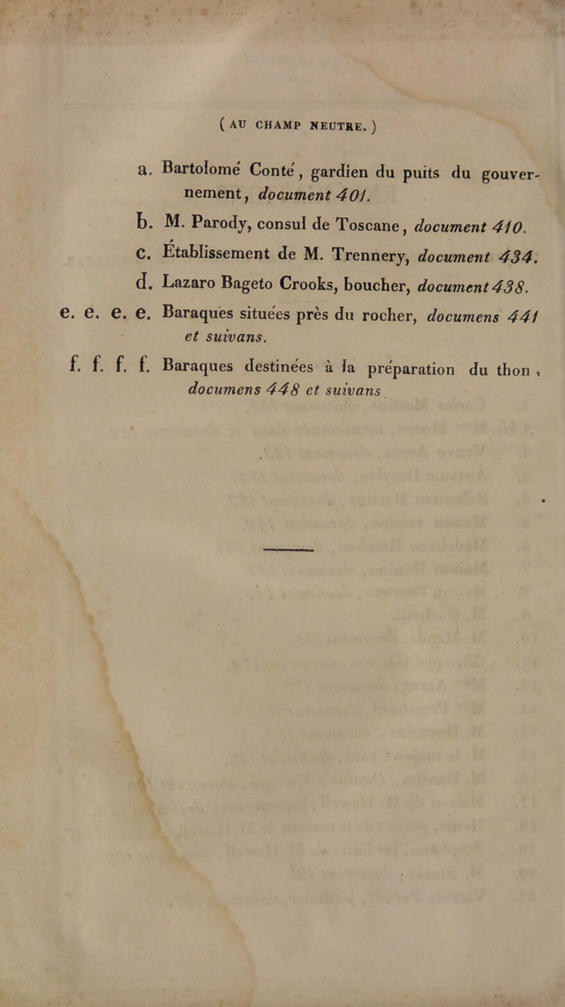 ( AU CHAMP NEUTRE. ) a. Bartolomé Conte, gardien du puits du gouver- nement, document 40!. b. M. Parody, consul de Toscane, document 410. e C. Etablissement de M. Trennery, document 434. d. Lazaro Bageto Crooks, boucher, document 438. e. e. e. e. Baraques situe'es près du rocher, documens 441 et suivons. f. f. f. f. Baraques destinées à la préparation du thon , documens 448 et suivons