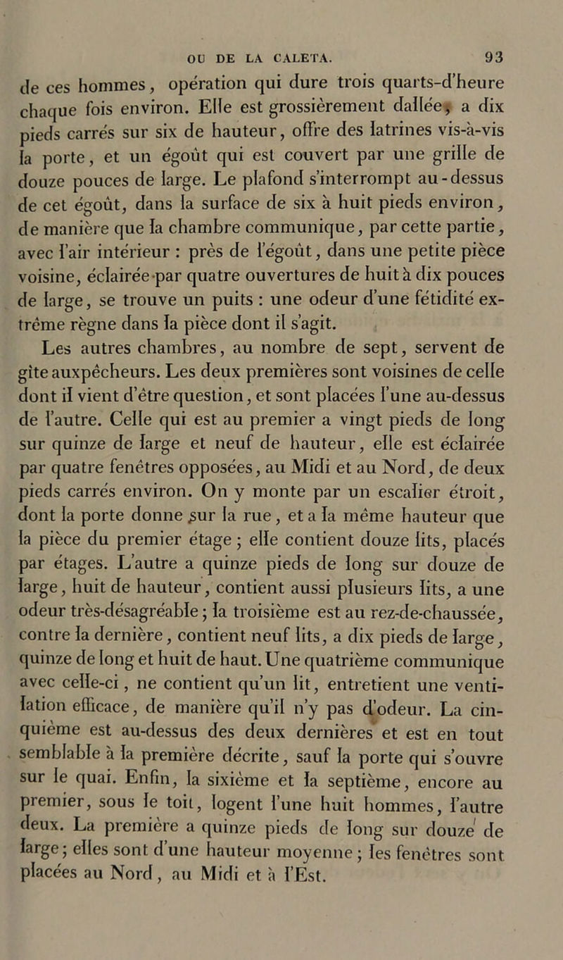 de ces hommes, operation qui dure trois quarts-d’heure chaque fois environ. Elle est grossièrement dallée &gt; a dix pieds carrés sur six de hauteur, offre des latrines vis-à-vis la porte, et un égoiit qui est couvert par une grille de douze pouces de large. Le plafond s’interrompt au-dessus de cet égoût, dans la surface de six à huit pieds environ, de manière que la chambre communique, par cette partie, avec l’air intérieur : près de l’égoût, dans une petite pièce voisine, éclairée par quatre ouvertures de huit à dix pouces de large, se trouve un puits : une odeur d’une fétidité ex- trême règne dans la pièce dont il s’agit. Les autres chambres, au nombre de sept, servent de gîte auxpêcheurs. Les deux premières sont voisines de celle dont il vient d’être question, et sont placées l’une au-dessus de l’autre. Celle qui est au premier a vingt pieds de long sur quinze de large et neuf de hauteur, elle est éclairée par quatre fenêtres opposées, au Midi et au Nord, de deux pieds carrés environ. On y monte par un escalier étroit, dont la porte donne £ur la rue, et a la même hauteur que la pièce du premier étage ; elle contient douze lits, placés par étages. L’autre a quinze pieds de long sur douze de large, huit de hauteur, contient aussi plusieurs lits, a une odeur très-désagréable ; la troisième est au rez-de-chaussée, contre la dernière, contient neuf lits, a dix pieds de large, quinze de long et huit de haut. Une quatrième communique avec celle-ci, ne contient qu’un lit, entretient une venti- lation efficace, de manière qu’il n’y pas d’odeur. La cin- quième est au-dessus des deux dernières et est en tout semblable à la première décrite, sauf la porte qui s’ouvre sur le quai. Enfin, la sixième et la septième, encore au premier, sous le toit, logent l’une huit hommes, l’autre deux. La première a quinze pieds de long sur douze de large; elles sont d’une hauteur moyenne ; les fenêtres sont placées au Nord, au Midi et à l’Est.