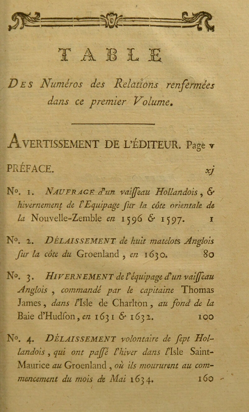 TABLE Des Numéros des Relations renfermées dans ce premier Volume• Avertissement de l’éditeur. Page v PRÉFACE. xi N°. i. Naufrage d'un vaijfeau Hollandois , 6* hivernernent de tEquipage fur lu cote orientale, de la. Nouvelle-Zemble en 1596 &amp; 1597. 1 N°. 2. Délaissement de huit matelots, Anglois fur la cote du Groenland , en 1630. 80 N°. 3. HlVERNEMENT de l'équipage cCun vaijfeau Anglois , commandé par le capitaine Thomas James, dans /Tlsle de Charlton, au fond de la Baie d’Hudfon,e/z 1631 &amp; 1632. 100 N°. 4. DÉLAISSEMENT volontaire de fept Hol- landois , qui ont pajfé l'hiver dans /’lsle Saint- Maurice au Groenland , ou ils moururent au com-