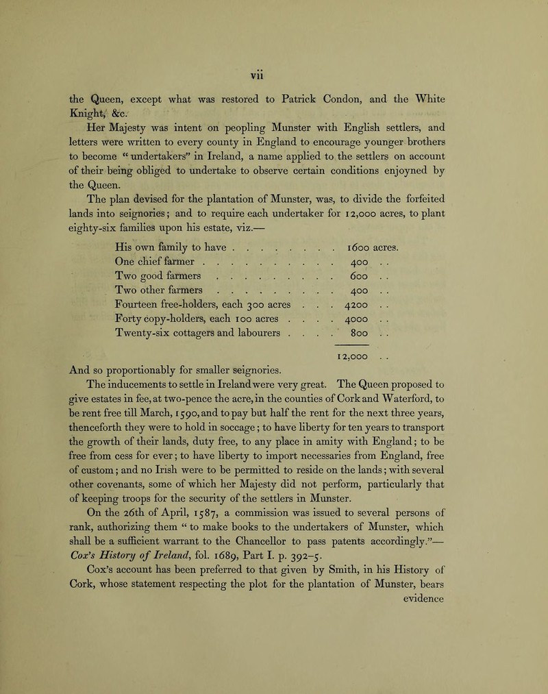 the Queen, except what was restored to Patrick Condon, and the White Knight, &c. Her Majesty was intent on peopling Munster with English settlers, and letters were written to every county in England to encourage younger brothers to become “ undertakers” in Ireland, a name applied to the settlers on account of their being obliged to undertake to observe certain conditions enjoyned by the Queen. The plan devised for the plantation of Munster, was, to divide the forfeited lands into seignories; and to require each undertaker for 12,000 acres, to plant eighty-six families upon his estate, viz.— His own family to have 1600 acres. One chief farmer 400 . . Two good farmers 600 . . Two other farmers 400 . . Fourteen free-holders, each 300 acres . . . 4200 . . Forty copy-holders, each 100 acres .... 4000 . . Twenty-six cottagers and labourers . . . . ' 800 . . 12,000 . . And so proportionably for smaller seignories. The inducements to settle in Ireland were very great. The Queen proposed to give estates in fee, at two-pence the acre, in the counties of Cork and Waterford, to be rent free till March, 1590, and to pay but half the rent for the next three years, thenceforth they were to hold in soccage; to have liberty for ten years to transport the growth of their lands, duty free, to any place in amity with England; to be free from cess for ever; to have liberty to import necessaries from England, free of custom; and no Irish were to be permitted to reside on the lands; with several other covenants, some of which her Majesty did not perform, particularly that of keeping troops for the security of the settlers in Munster. On the 26th of April, 1587, a commission was issued to several persons of rank, authorizing them “ to make books to the undertakers of Munster, which shall be a sufficient warrant to the Chancellor to pass patents accordingly.”— Cox's History of Ireland, fob 1689, Part I. p. 392-5. Cox’s account has been preferred to that given by Smith, in his History of Cork, whose statement respecting the plot for the plantation of Munster, bears evidence