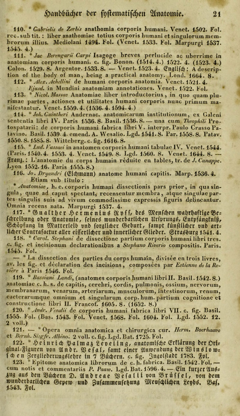 110. * Gabrielis de Zeriis anathomia corporis humani. Venet. 1502. Fol. rec.subtit. : über anathomiae totius corporis humani ct singulorum mcm- brorum illius. Mediolani 1494. Fol. (Venet. 1633. Fol. Marpurgi 1537. 1545. 4.) 111. * Jac Berengarii Carpi Isagoge breves perlucide ac uberrime in anatomiam corporis humani. c. lig. Bonon. (1514. 4.) 1522. 4. (1523. 4.) Colon. 1529.8. Argentor. 1533-8. —Venet. 1523. 4. (Sligüfd): A deserip- tion of the body of man, bcing a practical anatomy. Lond. 1664. 8. 112. * Alex. Ach eil’/ni de humani corporis anatomia. Venet. 1521. 4. Ejusd. in Mundini anatomiam annotationes. Venet. 1522. Fol. 113. * Nicol. Masuie Anatomiae über introductorius , in quo quam plu- rimac partes , actiones et utilitates humani corporis nunc primum ma- nifestantur. Venet. 1559.4. (1536. 4.1594. 4 ) 114. * Joh. Guint/ieri Andernac. anatomicarum inslitutionum, ex Galeni sententia libri IV. Paris 1536.8- Basil. 1536. 8.— una cum Theophili Pro- tospatarii: de corporis humani fabrica libri V. interpr. Paulo Crasso Pa- tavino. Basil. 1539. 4. emend. A. VVesalio. Lgd. 1541.8. Par. 1558.8. Patav. 1550. 8.1585.8. Witteberg. c. fig. 1616.8. 115. * Lud. Fassuei in anatomen corporis humani tabulae IV. Venet. 1544. (Paris. 1540.4. 1553. 4. Venet. 1549- 8- Lgd. 1560. 8. Venet. 1644. 8. — Jrailj. I L’anatomie du corps humain reduite cn tables, tr. de J. Canappe. Lyon 1552.16. Paris 1555.8.) 116. Jo. Drxjandri ((5id)Uiann) anatome humani capitis. Marp. 1536. 4. Etiam sub titulo : * Anatomiae, h. e. corporis humani dissectionis pars prior, in qua sin- gula, quae ad caput spectant, recensentur membra, atque singulae par- tes singulis suis ad vivum commodissime expressis figuris delincantur. Omnia recens nata. Marpurgi 1537. 4. 117. *©naltl)cr dpermeniuö 0£t)ffr bed OTenfcben lualirlyaftfge33c= febreibung ober Anatomie, feineö rounberbarlicbcn UrfpriutgfS, tSntpfängfnfjj, ©cböpfung tn Mutterleib tmb forglicbct ©eburt, fampt funfllicBer pnb art= lieber Ciontrafactur aller etfferllcber uttb tnnerlicber ©lieber. (Strasburg 1641.4. 118. * Carol. Stephani de dissectione partium corporis humani libri tres. c. fig. et incisionum declarationibus a Stephano Riverio compositis. Paris. 1545. Fol. — * La dissection des parties du corps humain, divisee en trois Iivres, a\'. les fig. ct dcclaration des incisions, composees par Estienne da la Re- viere h Paris 1546. Fol. 119. * Bassiani Landi, (anatomes corporis humani libri II. Basil. 1542. 8.) anatomiae c. h. s. de capitis, cerebri, cordis, pulmonis, ossium, nervorum, membranarum, venarum, arteriarum, musculorum, intestinorum, renum, eaeterarumque omnium et singularum corp. hum. partium cognitione et constructione libri II. Francof. 1605. 8. (1652. 8.) 120. * Andr. Vcsulii de corporis humani fabrica libri VII. c. fig. Basil. 1555- Fol. (Bas. 1543. Fol. Venet. 1568. Fol. 1604. Fol. Lgd. 1552. 12. 2 voll.) 121. — v Opera omnia anatomica et chirurgica cur. Herrn. Boerhuuve ct Beruh. Sieg-fr. Albino. 2 voll. c. fig. Lgd. Bat. 1725. Fol. 122. * J&gt;einrtd) ^atmaj Sepeltng, anatomifebe ©rfhmtng bcrOrL ginal.-Jtguren »on 21nbr. SSefgl, famt einer Ulnntcnbitng ber2Ötn$Ion&gt;= fd&gt;en 3er9ltebcru«gölel)rc in 7 ÜBitcbcrn. c. fig. Snejolftabt 1783. gol. 123. Fpitome anatomica librorum de c. h. fabrica. Basil. 1542. Fol.— cum notis et commcnlariis P. Paaw. Lgd. Bat. 1596.4. — @in furjer 21UÖs jug auä beti SMcbertt S. ainbreae 23 e fa t i i »on Trüffel, t&gt;ott bein nutnberbarlicbeu ©epetv uttb ^wf^wimeufc^utta Meufcblicbe« gcpbtf. 23af« 1543. Sol.