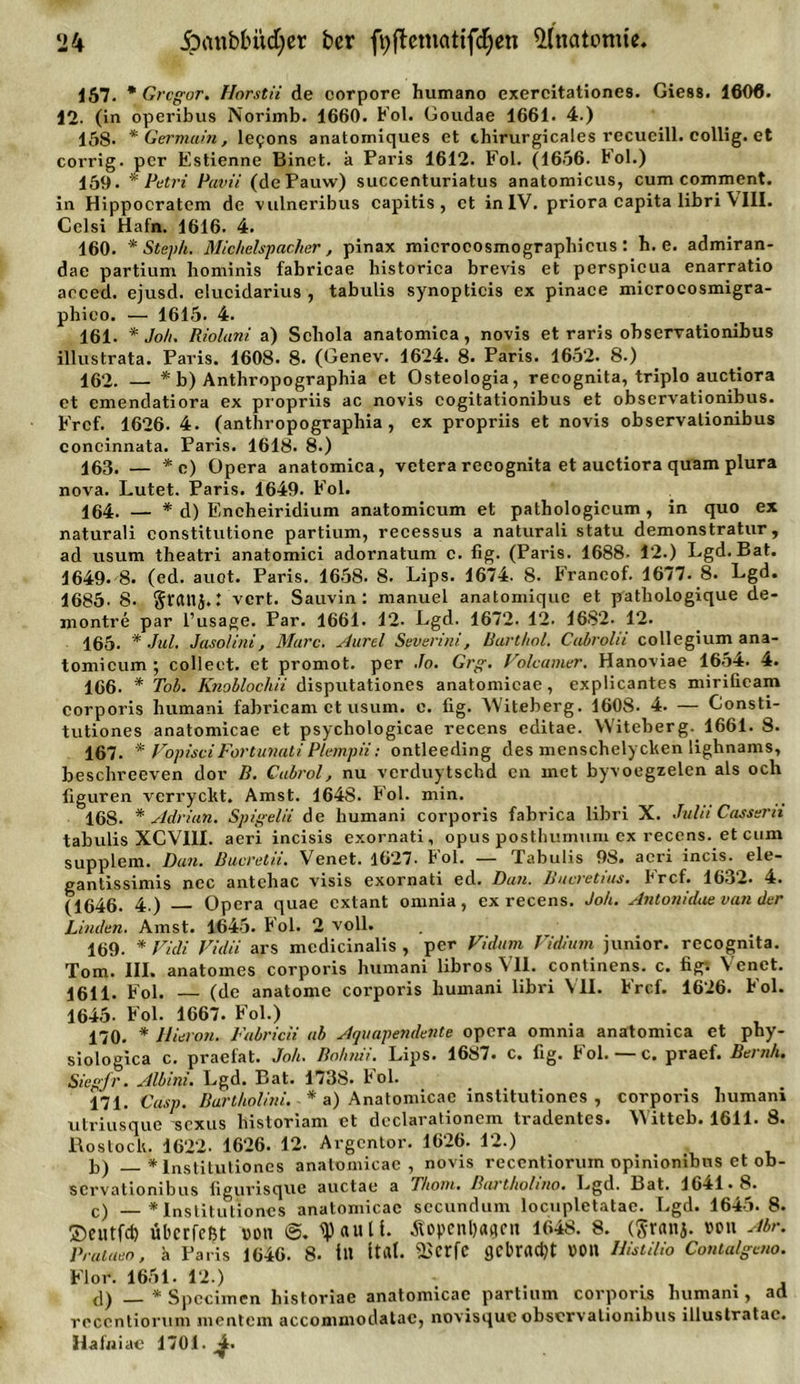 &lt;67. * Gregor. Horstii de corpore humano exercitationes. Giess. 1606. 12. (in operibus Norimb. 1660. Fol. Goudae 1661. 4.) 158. * Ger mahl, lefons anatomiques et thirurgicales recucill. collig. et corrig. per Estienne Binct. k Paris 1612. Fol. (1656. bol.) 159. * Petri Pavii (dePauw) succenturiatus anatomicus, cum comment. in Hippocratem de vulneribus capitis, et in IV. priora capita libri VIII. Cclsi Hafn. 1616. 4. 160. * Steph. Michelspac/ier , pinax microcosmographicus : h. e. admiran- dae partium hominis fabricae historica brevis et perspicua enarratio aeced. ejusd. elucidarius , tabulis synopticis ex pinace mieroeosmigra- phieo. — 1615. 4. 161- * Jo/i. Rioluni a) Schola anatomica, novis et raris observationibus iliustrata. Paris. 1608. 8. (Genev. 1624. 8. Paris. 1652. 8.) 162. * b) Anthropographia et Osteologia, recognita, triplo auctiora et emendatiora ex propriis ac novis cogitationibus et observationibus. Frcf. 1626. 4. (anthropographia , ex propriis et novis observationibus concinnata. Paris. 1618. 8.) 163. — *e) Opera anatomica, vetera recognita et auctiora quam plura nova. Lutet. Paris. 1649. Fol. 164. — * d) Eneheiridium anatomicum et pathologicum, in quo ex naturali constitutione partium, recessus a naturali statu demonstratur, ad usum theatri anatomici adornatum c. fig. (Paris. 1688- 12.) Lgd.Bat. 1649. 8. (ed. auot. Paris. 1658. S. Lips. 1674. 8. Francof. 1677. 8. Lgd. 1685- 8. §rctnj. 1 vert. Sauvin : manuel anatomique et pathologique de- montre par l’usage. Par. 1661. 12. Lgd. 1672. 12. 1682. 12. 165. * Jul. Jaso/ini, Marc. Aurel Severini, Barthol. Cabrolii collegium ana- tomicum ; collect, et promot. per Jo. Grg. Volcamer. Hanoviae 1654. 4. 166. * Tob. Knoblochii disputationes anatomicae, explicantes mirilieam corporis humani fabricam et usum. e. fig. Witeberg. 1608. 4. — Consti- tutiones anatomicae et psychologicae recens editae. Witeberg. 1661. 8. 167. * VopisciFortunati Plempii: ontleeding des menschelycken lighnams, beschreeven dor B. Cabrol, nu verduytschd en met byvoegzelen als och figuren verryckt. Amst. 164S. Fol. min. 168. * Adrian. Spigelii de humani corporis fabrica libri X. Juhi Casserii tabulis XCVIII. aeri incisis exornati, opus postlnimum ex recens. et cum supplem. Dun. ßueretii. Venet. 1627- Fol. — Tabulis 98. aeri incis. ele- gantissimis nec antchac visis exornati ed. Dan. Bucretius. Frcf. 1632. 4. (1646. 4.) Opera quae extant omnia, ex recens. Job. Antonidue van der Linden. Amst. 1645. Fol. 2 voll. 169. * Vidi Vidii ars mcdicinalis , per Vidum Vidium junior, recognita. Tom. III. anatomes corporis humani libros VII. continens. c. fig* Venet. 1611. Fol. — (de anatome corporis humani libri VII. Frcf. 1626. Fol. 1645- Fol. 1667. Fol.) 170. * Hievon. Fubricii ab Aquapendente opera omnia anatomica et phy- siologica c. praefat. Job. Bobidi. Lips. 1687. c. fig. Fol. — c. praef. Beruh. Siegfr. Albini. Lgd. Bat. 1738. Fol. 171. Casp. Burtbol/ni. * a) Anatomicae institutiones , corporis humani utriusque sexus historiam et dcclarationem tradentes. Witteb. 1611. 8. Rostock. 1622. 1626. 12. Argcntor. 1626. 12.) 6) * Institutiones anatomicae, novis reccntioruin opinionibns et ob- servationibus figurisque auctae a Tbom. ßartbohno. Lgd. Bat. 1641.8. c) —* Institutiones anatomicae sccundum locupletatae. Lgd. 1645. 8. ©eutfd) überfeßt von ©. ^ au 11. Äopcnl)ancu 1648. 8. (ftranj. von Abr. Pralueo, k Paris 1646. 8- tll Itat. 2&gt;crfc gcbmdjt von Histilio Contalgcno. Flor. 1651. 12.) , , d) _ * Spccimen historiae anatomicae partium corporis humani, ad rcccntiorum mentem accommodatae, novisque observationibus illustratac. Hafniae 1701.