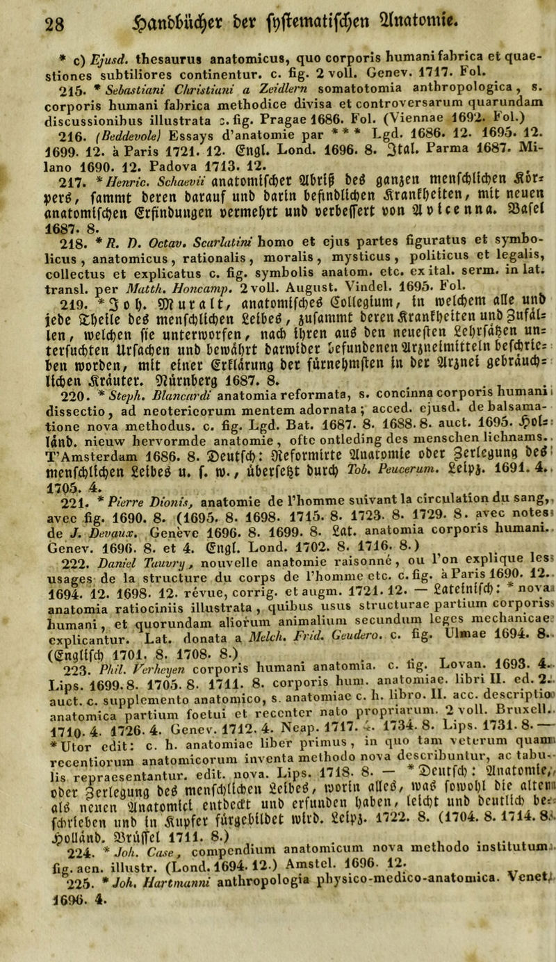* c) Ejusd. thesaurus anatomicus, quo corporis humani fabrica et quae- stiones subtiliores continentur. c. fig. 2 voll. Genev. 1717. bol. 215. * Sebastiani Christiuni a Zeidlern somatotomia anthropologica, s. corporis humani fabrica methodice divisa et controversarum quarundam discussionibas illustrata c.fig. Pragae 1686. Fol. (\iennae 1692. bol.) 216. (Beddevole) Essays d’anatomie par * * * Lgd. 1686. 12. 1695. 12. 1699. 12. a Paris 1721. 12. @ttgl. Lond. 1696. 8. 3tal. Parma 1687. Mi- lano 1690. 12. Padova 1713. 12. 217. * Henric. Schaevii anatomlfcbet Olbttfj bei ganjett menfcbllcben -Hör* per6, famnit beten barauf unb barln beftnbllcben ÄranEI)elten, mit neuen anatomlfdjen (Srftnbungen »ermehrt unb »erbeffert »on Slntcenn«. 23afel 1687. 8. „ t . 218. * R. D. Octav. Scurlatim homo et ejus partes figuratus et symöo- licus , anatomicus , rationalis , moralis , mysticus , politicus et legalis, collectus et explicatus c. fig. symbolis anatom. etc. exital. serm. in lat. transl. per Matth. Honcamp. 2voll. August. Yindel. 1695. Fol. 219. *3 ol). 9)? uralt, anatonilfcbeö Collegium, ln meinem alle unb lebe £hefle beö menfcbllcben £elbeö, jufammt beten äranfhelten unb ^ufaU len, welchen fte unterworfen, nach ll)ten auS ben neueren £el)rfähen un= terfuebten Urfacben unb bewährt barwlber befunbenenSlrjnelmltteln befdjrle- ben worben, mit einer drflärung bet ftirnebmften ln bet 2U‘inel gebrauch: lieben trauter. 9iurnberg 1687. 8. . 220. * Steph. Blancardi anatomia reformata, s. concinna corporis humani i dissectio, ad neotericorum mentem adornata; acced. ejusd. debalsama- tione nova methodus. c. fig. Lgd. Bat. 1687. 8. 1688.8. auct. 169o. SjoU lätlb. nieuw hervormde anatomie , ofte ontleding des menschen lichnams.. T’Amsterdam 1686. 8. ©eutfeb: Oleformlrte ülnatpntle ober Verlegung be$ menfcbllcben Selbem u. f. w., uberfefet burd) Tob. Peucerum. £elpj. 1691.4.. 1705. 4* , . , . . 221« * Pierre Dioni.Sj anatomie de l’homme suivant la circulationdu sang,. avec fig. 1690. 8. (1695. 8. 1698. 1715. 8. 1723. 8. 1729. 8. avec note» de J. Devaux. Genevc 1696. 8. 1699. 8. £at. anatomia corporis humani.. Genev. 1696. 8. et 4. Sltgl. Lond. 1702. 8. 1716. 8.) 222. Daniel Tauvnj, nouvelle anatomie raisonne, ou l'on explique les- usages de la structure du corps de l’homme etc. c. fig. k Paris 1690. 12. 1694. 12. 1698. 12. revue, corrig. et augm. 1721.12. — £atelnlfd): nova anatomia ratiociniis illustrata , quibus usus structurae partium corporis* humani, et quorundam aliorum animalium secundum lcges mechanicae 1 f'—J-— - ('• Ulmae 1694. 8. explicantur. Lat. donata a Mclch. Fr/d. Geudero. c. fig (gngllfcb 1701. 8. 1708. 8.) 223. Phil. Per'heyen corporis humani anatomia Lips. 1699.8. 1705.8. 1711. 8. corporis hum auct. c. supplemento anatomico, s. anatomiae c c. fig. Lovan. 1693. 4. anatomiae. libri II. cd. 2J- h. libro. II. acc. descriptia' 2 voll. BruxelL. anatomica partium foetui et reccnter nato propnarum. 2 voll, riruxe 4710. 4. 1726.4. Gencr. 1712. 4. Neap. 1717. 4. 1734.8. Lips. 1731. 8. *Utor edit: c. h. anatomiae über primus, in quo tarn veterum qu&lt; quann rceentiorum anatomTcor’um inventa metbodo nova describuntur^ ac tabu-- lis repraesentantur. edit. nova. Lips. 1718- 8. — * 2)CUtfd) .* «Unatomlf/, ober Verlegung be$ menfdjllcben fietbeö, worin alleö, waö fowoljl bte alten: alö neuen Satomlcl entbeett unb erfunben haben, leicht unb bcutüd) be= fcbrlebcn unb ln Tupfer fürgebllbet wirb. £clpj. 1722. 8. (1704.8.1714.8.'. Jpollänb. a)rü(fcl 1711. 8.) . 224. * Job. Case, compendium anatonncum nova methodo mstitutum fig. acn. illustr. (Lond. 1694.12 ) Amstcl. 1696- 12. 225. *Joh. Hartmunni anthropologia physico-medico-anatonuca. Venet/ 1696. 4.
