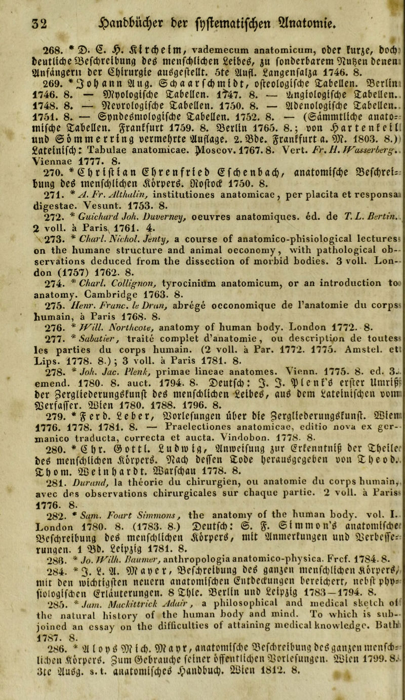 268. * ®. (ü. fy. Ältd)elni/ vademecum anatomicum, ober furje, body beutllcbeiöefcbrctbung betf menfd)lidjen Seibeö, $u fonberbarem Stuften benem Slnfängetu ber (Eftirurgle aueSgeftellt. 5te 2lufl. gangenfalja 1746. 8. 269. *3»bann Slug, ©cftaarfcbmlbt, oftcologlfcfte Tabellen. SScrltm 1746. 8. — 9)?t)ologifd)e Tabellen. lt47. 8. — 3tngfologifd)e Tabellen.. 1748. 8. — SJeurologifcfte Tabellen. 1750. 8. — Slbenologifdte Tabellen.. 1751. 8. — ©pnbeöntologtfcfte Tabellen. 1752. 8. — (©ämmtllcfte anato- mifefte Tabellen, granffurt 1759. 8. Sßerlin 1765. 8.; »ou Jpartenfebtl unb ©ömmerring »ermeftrte Sluflage. 2.93be. granffurt a. 9Jt. 1803. 8.)' Satelnlfdj: Tabulae anatoxnicae. Jdoscov. 1767.8. Vcrt. Fr. H. Wasserberg.. Viennae 1777. 8. 270. *€1)rtjHan (E&amp;renfrieb (Efcbenbacb, anatomifdje SBefcftreL Jung beö tnenfd)lid)en .Äorperö. OioftocE 1750. 8. 271. * A. Fr. Althalin, institutiones anatomicae, per placita et responsaa digestae. Vesunt. 1753. 8. 272. * Guichurd Joh. Duverney, Oeuvres anatomiques. ed. de T.L.Bertin. 2 voll, a Paris. 1761. 273. * Charl. Nichol. Jenty, a course of anatomico-phisiological lectures- on the humane structure and animal occonomy, with pathological ob— servations deduced from the dissection of morbid bodies. 3 voll. Lon- don (1757) 1762- 8. 274. * Charl. Collignon, tyrocinium anatomicum, or an introduction too anatomy. Cambridge 1763. 8. 275. Henr. Franc, le Dran, abrege oeconomique de l’anatomie du corps^ humain, a Paris 1768. 8. 276. * Will. Northcote, anatomy of human body. London 1772. 8. 277. * Sabatier, traite complet d’anatomie, ou description de toutes- les parties du corps humain. (2 voll, k Par. 1772. 1775. Amstel. ett Lips. 1778. 8.); 3 voll, k Paris 1781. 8. 278. * Joh. Jac. Flank, primae lineae anatomes. Vienn. 1775. 8. ed. 3^ emend. 1780. 8. auct. 1794. 8. Seutfd): 3. 3. l e n E’ö elfter Umrif? ber gerglfebetung^funft tnenfdtücben Seibeft, auft bem fcateinifcftcu oomn SSerfaffer. Stilen 1780. 1788. 1796. 8. 279. *gerb. Seber, Siorlefungen über bie jSergllcberungftfunfl. SBfen« 1776. 1778. 1781. 8. — Praelectiones anatomicae, editio nova ex ger- manico traducta, correcta et aucta. Vindobon. 1778. 8- 280. * &lt;S l) r. ©ottl. £ubn&gt;tg, Slnioetfuug jur (Erfentitnif ber Stbcile; beb menfd)li(ben Äörperö. Stad) helfen £obe fterautigegeben »on ftfteob.. £t)om. Sßctuftarbt. SBarfdjau 1778. 8. 281. Durand, la theorie du Chirurgien, ou anatomie du corps humain,. avec des observations chirurgicales sur chaquc partic. 2 voll, k Paris» 1776. 8. 282. * Sam. Foart Simmons, the anatomy of the human body. vol. I. London 1780. 8. (1783. 8.) ©cutfd): @. g. ©immon’ft anatomlfcbef Siefcftrelbung beft menfdjlicften Äorperö, mit Slnmerfungen unb Sierbejfe^ rungen. 1 S3b. ficipjig 1781. 8. 288. * Jo. Willi. Baum er, anthropologia anatomico-physica. Frcf. 1784. 8. 284. *3. £.31. SDfaper, Sicfcftreibung betf ganjen menfcftlicben Morperfl, mit beu nucfctigften neuern anatomifeben Sntbecfungen bereiten, ncbfbpbP1 fioiogifcbcn (Erläuterungen. 8 £l)lc. Sierlin unb £eipjig 1783-1794. 8. 285. * Jam. Mackittrick Adair, a philosophical and medical sketch o( the natural history of the human body and mind. To which is sub- joined an cssay on the difiiculties of attaining medical knowledgc. Bath 1787. 8. 286. * 211 opö 9)f Id). 9)f«pt, anatontifd)e 93efci)re(bungbcöganjcumcnfcf&gt;= lid)cu Äörperö. 3um ©ebraudje feiner öffeutitd&gt;cn S3orlefungen. Stilen 1799.8. 3te Sluög. s. t. anatomifebeö Ppanbbucb, Stilen 1812. 8.