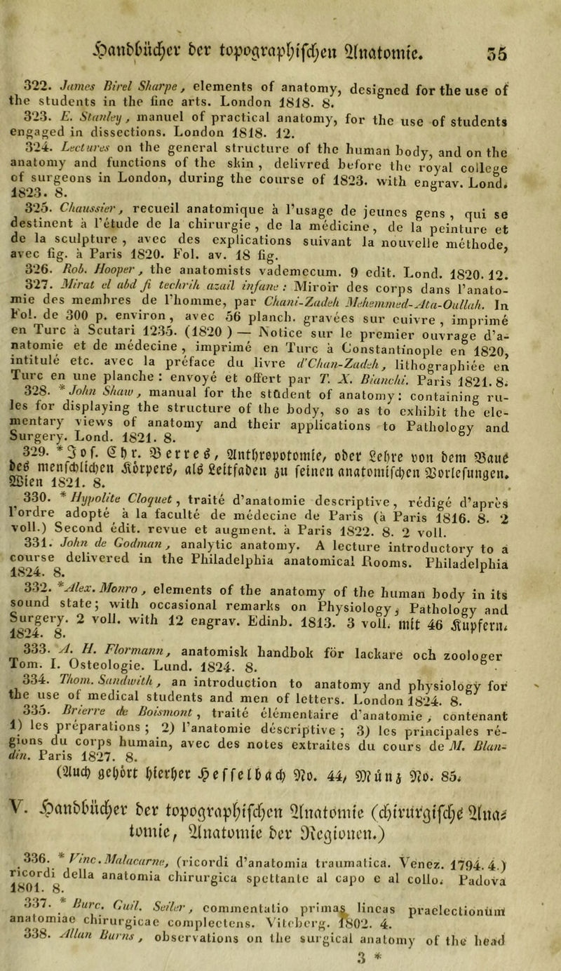 James Birel Sha?pe , elemcnts of snstoniyj designed for tli6 usc of the students in the iinc ai’ts. London 1818. 8. 323. £. Stanley, inanuel of practical anatomy, for the use of students engaged in dissections. London 1818. 12. 324. Lectures on the general structure of the human body, and on the anatomy and functions of the sinn , delivred before the royal College of surgeons in London, during the course of 1823. vvith engrav. Lond. 1823. 8. b 325. Chaussier, recueil anatomique ä l’usage de jeunes gens , qui se destinent a l’etude de la Chirurgie, de la medicine, de la peinture et de la sculpture , avec des cxplications suivant la nouvelle methode avec fig. h Paris 1S20. Fol. av. 18 fig. ’ 326. Roh. Hooper, the anatomists vademecum. 9 edit. Lond. 1S20. 12. 327. Mi rat d abd fi techrih azail infane : Miroir des corps dans l’anato- mie des memhres de l'homme, par Chani-Zaddi Mdiemmed-Ata-Oullah. In hol. de 500 p. environ, avec 56 planch. gravees sur cuivre , imprime en Turc a Scutari 1235. (1820 )— Notice sur le premier ouvrage d’a- natomie et de medecine , imprime en Turc a Constantinople en 1820 intitule etc. avec la preface du livre d'Chun-Zaddi, lithographiee en Turc en une planche : envoye et offert par T. X. Bianchi. Paris 1821. 8. 328. * John Shaw, manual for the stüdent of anatomy: containing ru- ]es for dispiaying the structure of the body, so as to exhibit the elc- mentary views ot anatomy and their applications to Patliology and Surgery. Lond. 1821. 8. 6 329. *3of. G&gt;tn\ 23etre£, 2lntr&gt;ropotomfe/ ober 2efn*c von bem «Baue beö menfcbltcben Äorpertf, fiettfaben ju feinen «natontifeben «ßorlefunaen* ’ibten 1821. 8. 330. Hypolite Cloquet, traite d’anatomie descriptive , redige d’apres 1 ordre adopte h la faculte de medecine de Paris (a Paris 1816. 8. 2 voll.) Second edit. revue et augment. a Paris 1822. 8. 2 voll. 331. John de Godman, analytic anatomy. A lecture introductory to a cours^ delivered in the Philadelphia anatomical Rooms. Philadelphia 332. *Alex. Monro , elements of the anatomy of the human body in its sound state; with occasional remarhs on Physiology, Pathology and Surgery. 2 voll, with 12 engrav. Edinb. 1813. 3 voll, mit 46 ÄupferiU 333 '4- H. Flormann, anatomisk liandbok för lackare och zoologer lom. I. Osteologie. Lund. 1824. S. ■ 334. Thom. Sandwith, an introduction to anatomy and physiology for the use of medical students and men of letters. London 1824. 8. 335. Brietie ck Boismont, traite elementaire d’anatomie , contenant 1) les preparations ; 2) l’anatomie descriptive; 3) les principales re- gions du corps humain, avec des notes extraites du cours de M. Blan- din. Paris 1827. 8. (21uci&gt; gehört Wer&amp;et £ e f f e 11« d) 9to. 44/ 9)J ü n j 9?o. 85, V. JpanbOüd)cr ber topograpf;tfdjcn Anatomie (d)tnnY)tfrf;£ dluas totrn’e, Ulnatomtc ber Dtcgiottcn.) 336. ricord 1801. /-inc.Malacarnn, (ricordi d’anatomia traumatica. Venez. 1794.4.) i della anatomia chirurgica spettanle al capo e al collo, Padova 337. Bure. Gutl. Seiler, commentalio primas lincas praelectionüirt analomiae chirurgicae complectcns. Viteberg. ft(02. 4. o38. Allan Bums, observations on the surgical anatomy of the he ad 3 *