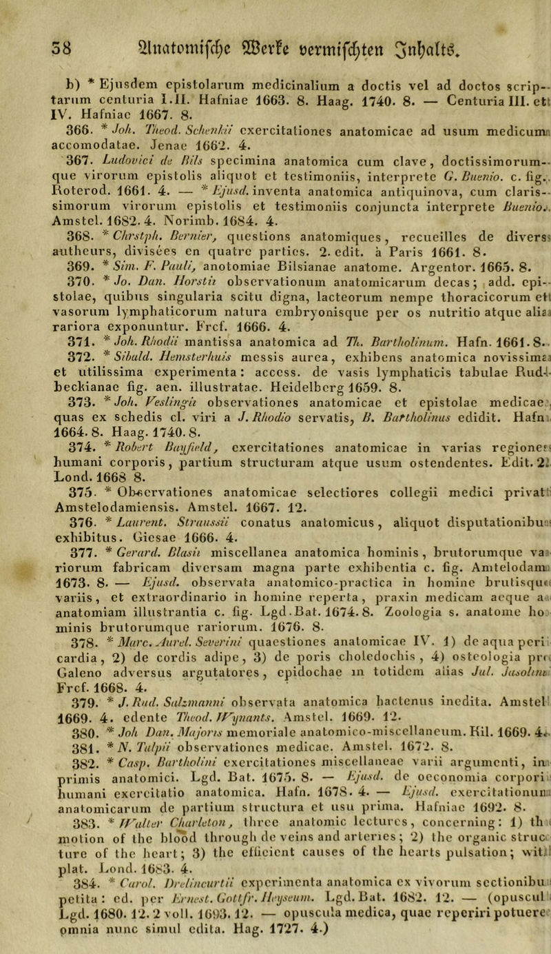 b) * Ejusdem epistolarum mcdicinalium a doctis vel ad doctos scrip-- tarum centuria I.II. Hafniae 1663. 8. Haag. 1740. 8. — Centuria 111. ett IV. Hafniae 1667. 8. 366. * Joh. Theod. Sehen/,// cxercitaliones anatomicae ad usum medicumn accomodatae. Jenau 1662. 4. 367. Ludovici du Bils specimina anatomica cum clave, doctissimorum-- que virorum epistolis aliquot et testimoniis, interprete G.Buenio. c. fig. Roterod. 1661. 4. — * Ejusd. inventa anatomica antiquinova, cum Claris-- simorum virorum epistolis et testimoniis conjuncta interprete Buenio. Amstel. 16S2. 4. Norimb. 1684. 4- 368. * Chrstp/i. Bern/er, questions anatomiques, recueilles de divers- autheurs, divisees en quatre partics. 2. edit. a Paris 1661. 8. 369. * Sim. F. Pauli, anotomiae Bilsianae anatome. Argentor. 1665. 8. 370. * Jo. Dan. Horstii observationuin anatomicarum decas ; add. epi- stolae, quibus singularia scitu digna, lacteorum nempe thoracicorum ett vasorum lymphaticorum natura embryonisque per os nutritio atque alie. rariora exponuntur. Frcf. 1666. 4. 371. * Joh. Rhoda mantissa anatomica ad Th. Bartliolinum. Hafn. 1661-8. 372. * Sibuld. Hemsterhuis messis aurea, exhibens anatomica novissiuu et utilissima experimenta: acccss. de vasis lymphaticis tabulae Rud-l- bechianae fig. aen. illustratae. Heidelberg 1659. 8. 373. * Joh. Veslingii observationes anatomicae et epistolae medicae . quas ex schedis cl. viri a J. R/iodio servatis, B. Battholinus edidit. Hafn 1664.8. Haag. 1740.8. 374. * Robert Bayßeld, cxercitationes anatomicae in varias regione.1 ■ humani corporis, partium structuram atque usum ostendentes. Edit. 21 Lond. 1668 8. 375- * Observationes anatomicae selectiores collegii medici privati Amstelodamiensis. Amstel. 1667. 12. 376. * Laurent. Straussii conatus anatomicus, aliquot disputationibu exhibitus. Gicsae 1666. 4. 377. * Gerard. Blasii miscellanea anatomica hominis, brutorumque va riorum fabricam diversam magna parte exhibentia c. fig. Amtelodam 1673. 8. — Ejusd. observata anatomico-practica in homine brutisqutt variis, et extraordinario in homine reperta, praxin medieam aeque a anatomiam illustrantia c. fig. Lgd .Bat. 1674. 8. Zoologia s. anatome ho minis brutorumque rariorum. 1676. 8. 378- * Marc. Aurel. Severini quaestiones anatomicae IV. 1) deaquaperi cardia, 2) de cordis adipe, 3) de poris choledochis , 4) osteologia pri Galeno adversus argutatores, cpidochae in totidem alias Jul. Jaso/im Frcf. 1668. 4. 379. * J.Rud. Salzmanni observata anatomica hactcnus inedita. Amstel 1669. 4. edente Theod. Jf'ynants. Amstel. 1669. 12. 380. * Joh Dan. Majons memoriale anatomico-miscellaneum. Kil. 1669. 4&lt; 381. *N.Tulpii observationes medicae. Amstel. 1672. 8. 382. * Casp. Bartholini exercitationes miscellaneae varii argumenti, in primis anatomici. Lgd. Bat. 1675. 8. — Ejusd. de oeconomia corpori humani exercitatio anatomica. Hafn. 167S. 4. — Ejusd. exercitationun anatomicarum de partium structura et usu prima. Hafniae 1692. 8. 383. * JValler Charleton, thrcc anatomic lectures, conccrning: 1) th motion of the blood through de veins and arteries ; 2) llie organic struc ture of the lieart; 3) the efficicnt causes of the hearts pulsation; wit;i plat. Lond. 1683- 4. 384. * Curol. Dnlincurtii experimenta anatomica ex vivorum scctionibu i petita: cd. per Ernest. Gottfr. Jleijseum. Lgd. Bat. 1682. 12. — (opuscul Lgd. 1680. 12.2 voll. 1693.12. — opuscula medica, quae reperiri potuere omnia nunc simul edita. Hag. 1727. 4.)