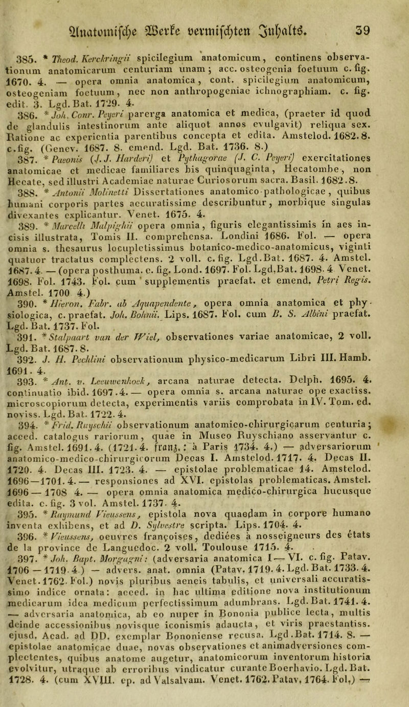 385. * T/wod. Kerckringii spicilegium anatomicum, continens observa- tionum anatomicarum centuriam unam ; acc.osteogcnia foetuum c. fig. 1670. 4. Opera oinnia anatonrica, cont. spicilegium anatomicum, osteogeniam foetuum, nee non anthropogeniae ichnographiam. C. fig. edit. 3. Lgd. Bat. 1729. 4. 386. * Joh.Conr. Peyeri parerga anatomica et mediea, (praeter id quod de glandulis intestinorum ante alicjuot annos evulgavit) reliqua sex. Ratione ac expericntia parentibus concepta et edila. Amstelod. 1682.8. c.fig. (Genev. 1687. 8- einend. Lgd. Bat. 1736. 8.) 387. * Paeonis (J. J. Harden) et Pythagorae (J. C. Peyeri) exercitationes anatomicae et medicae familiäres bis quinquaginta, Hecatombe, non Hecate, sedillustri Academiae naturae Curiosorum sacra. Basil. 1682.8. 388. * Antonii Molinetti Dissertationes anatomico patbologicae , quibus humani corporis partes accuratissime describuntur, morbique singulas divexantes explicantur. Venet. 1675. 4. 389. * Marcelh Malpighii opera omnia, figuris elcgantissimis in aes in- cisis illustrata, Tomis II. comprchcnsa. Londini 1686. Fol. — opera omnia s. thesaurus locuplctissimus botanico-medico-anatomicus, viginti quatuor tractatus complectens. 2 voll, c.fig. Lgd.Bat. 1687. 4. Amstel. 1687.4- — (opera posthuma. e. fig. Lond. 1697. Fol. Lgd.Bat. 1698- 4 V enet. 1698. Fol. 1743. bol. cum ' supplementis praefat. et einend. Petri Regis. Amstel. 1700 4.) 390. * Hieran, Fair, ab Aquapendente, opera omnia anatomica et phy- siologica, c. praefat. Joh. Bohnii. Lips. 1687. Fol. cum B. S. Albini praefat. Lgd. Bat. 1737. Fol. 391. * Stalpaart van der Wiel, observationes variae anatomicae, 2 voll. Lgd. Bat. 1687.8. 392- J■ H. Pechlini observationum physico-medicarum Libri III. Hamb. 1691.4. 393. * Ant. v. Leeuwenhoeh, arcana naturae dctecta. Delph. 1695. 4. continuatio ibid. 1697.4 opera omnia s. arcana naturae ope exactiss. microscopiorum dctecta, experimentis variis comprobata in IV. Tom. ed. noviss. Lgd. Bat. 1722. 4. 394. *Frid. Ruysc/tii observationum anatomieo-chirurgicarum centuria ; acced. catalogus rariorum, quae in Museo Ruyschiano asservantur c. fig. Amstel. 1691. 4. (1721.4. frailj.: ä Paris 1734. 4.) — advprsariorum 1 anatomieo-medico-chirurgicorum Decas I. Amstelod. 1717. 4. Decas II. 1720. 4. Decas III. 1723. 4. — epistolae problematicae 14. Amstelod. 1696 — 1701.4.— responsiones ad XVI. epistolas problematicas. Amstel. 1696— 1708 4. — opera omnia anatomica medico-chirurgica hucusque edita. c.fig. 3vol. Amstel. 1737. 4. 395. * Ruymund Vieussens, epistola nova quaedam in corpore humano inventa exhibens, et ad D. Sylvestre scripta. Lips. 1704. 4. 396. * Vieussens, oeuvres franfoises, dediees a nosseigneurs des etats de la province de Languedoc. 2 voll. Toulouse 1715. 4- 397. * Job. fiupt. Morgagni: (adversaria anatomica I—VI. c.fig. Patav. 1706 — 1719-4.) — advers. anat. omnia (Patav. 1719. 4. Lgd. Bat. 1733. 4. Venet. 1762-bol.) novis pluribus aeneis tabulis, et univcrsali accuratis- simo indice ornata: aeced. in liac ultima edilione nova institutionum mediearum idea medicum pcrfectissimum adumbrans. Lgd. Bat. 1741. 4. — adversaria anatomica, ab eo nuper in Bononia publice lecta, multis deinde accessionibus novisque iconismis adaucta, et viris pracstantiss. ejusd. Acad. ad DD, exemplar Bononiense rccusa. Lgd .Bat. 1714. 8- — epistolae anatomicae duae, novas observationes et animadyersioncs com- pleetentes, quibus anatome augetur, anatomicorum inventorum historia pvolvitur, utraque ab erroribus vindicatur curantc Boerbavio. Lgd. Bat. 1728. 4. (cum XVRI. ep. ad Valsalvam. Venet. 1762. Patav. 1764. Fol,) —