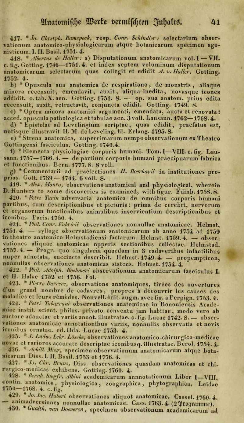 417. * Jo. Chrstp/i. Ramspeclt, resp. Conr. Schindler: selectarium obser^ vationum anatomico-physiologicarum atque botanicarum specimen ago- nisticum. I. II. Basil. 1751. 4. 41S. * Albertus de Haller: a) Disputationum anatomicaram vol. I—VII. c. iig. Gotting. 1746—1751.4. et Index septem voluminum disputationum anatomicarum sclectarum quas collegit et edidit A. v. Haller. Gotting. 1752. 4. b) * Opuscula sua anatomica de respirationo, de monstris , aliaque minora recensuit, emendavit, auxit, aliqua inedita, novasque icones addidit. c.tab.X. aen. Gotting. 1751. 8. — op. sua anatom. prius edita recensuit, auxit, retractavit, comjuncta edidit. Gotting. 1749. 8. c) * Opera minora anatomici argumenti, emendata, aucta et renovata: acced. opuscula pathologica et tabulae aen. 3 voll. Lausann. 1762—1768. 4. d) * Epistolae ad Levelingium scriptae, quas edidit, praefatus est, notisque illustravit H. M. de Leveling. fil. Erlang. 1795. 8. e) ^Strena anatomica, nuperrimarum nempe observationum ex Theatro Gottingensi fasciculus. Gotting. 1740-4. f) * Elements physiologiae corporis humani. Tom.I—VIII. c.fig. Lau- sann. 1757—1766. 4. — de partium corporis Jnmiani praecipuarum fabrica et functionibus. Bern. 1777.8. 8 voll. g) * Commentarii ad praelectiones H. Boerliavii in institutiones pro- prias. Gott. 1739—1744. 6 voll. 8. 419. * Alex. Monro, observations anatomical and pbysiological, wherein D. Hunters to some discoveries is examined, with figur. Edinb. 1758-8. 420. * Petri Turin adversaria anatomica de Omnibus corporis humani partibus, cum descriptionibus et picturis : prima de cerebri, nervorum et organorum functionibus animalibus inservicntium descriptionibus et iconibus. Paris. 1750- 4. 421. * Phil. Conr. Fabricii observationes nonnullae anatomicae. Heimst, 1751.4- — sylloge observationum anatomicarum ab anno 1754 ad 1759 in theatro anatomico Hclmstadiensi factarum. Heimst. 1759.4. — obser- vationes aliquae anatomicae nuperis sectionibus collectae. Helmstad. 1757-4.— Progr. quo singularia quaedam in 3 cadaveribus inlantilibus nuper adnotata, succincte describit. Heimst. 1749.4. — propempticon, nonnullas observationes anatomicas sistens. Heimst. 1754. 4. 422. 'Phil. Adolph, Boehmeri observationum anatomicarum fasciculus I. et II. Halae 1752 et 1756. Fol. 423. * Pierre Barrere, observations anatomiques, tirees des ouvertures d un grand nombre de cadavres , propres a deeouvrir les causes des maladies et leurs remedes. Nouvell. edit. augm. avec fig. a Perpign. 1753- 4. 424. * Petri Tabarrum observationes anatomicae in Bononiensis Acade- miae instit. scient. philos. privato conventu jam habitae, modo vero ab auctore adauctae et variis annot. illustratae. c. fig. Lucae 1742. 8. — obser- vationes anatomicae annotationibus variis, nonnullis observatis et novis iconibus ornatae. ed.IIda. Lucae 1753. 4. 425. * J. Ludw. Lehr. Liiselse, observationes anatomico-chirurgico-medicae novae etrariores accurate descriptae iconibusq. illustratae. Berol. 1754.4. 426. * Achill. Mieg, specimen observationum anatomicarum atque bota- nicarum Diss. I. II. Basil. 1753 et 1776. 4. 427. ’ Jo. Chr. Bruns, Diss. observationes quasdam anatomicas et chi- rurgico-mcdicas exbibens. Gotting. 1760. 4. 428. * Beruh. Siegfr, Albi hi academicarum annnotationum Liber I—VIII, contin. anatomica, physiologica, zoographica, phytographica. Leidae 1754—1768. 4. c.fig. 429. Jo. Juc. Huberi observationes aliquot anatomicae. Cassel. 1760. 4. animadversioncs nonnullae anatomicae. Cass. 1763. 4. (2 ^)rogtrtllllHC). 430. Cualth. van Doevercn, specimen observationum academicarum aj